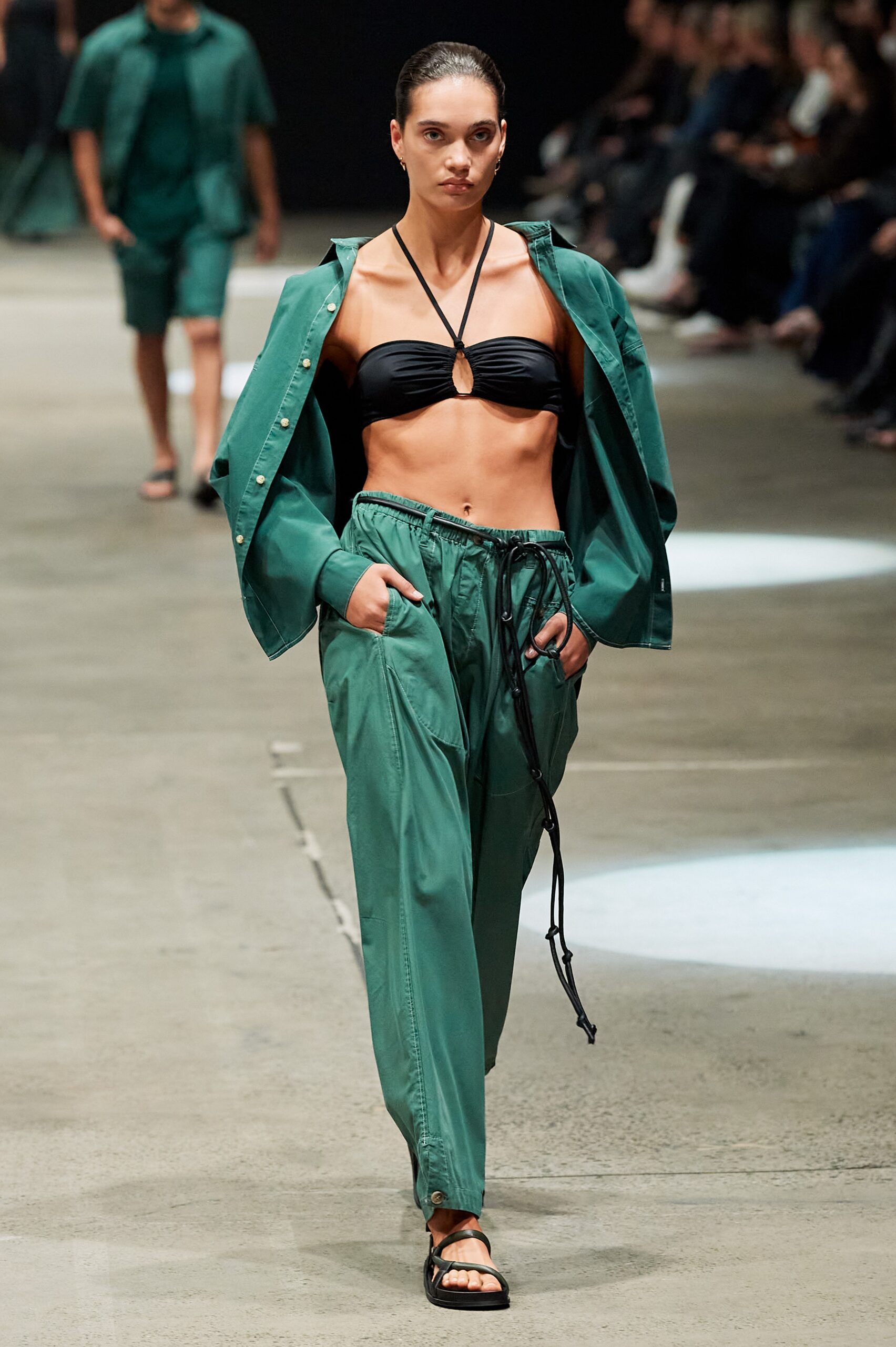 green relaxed jacket with black top