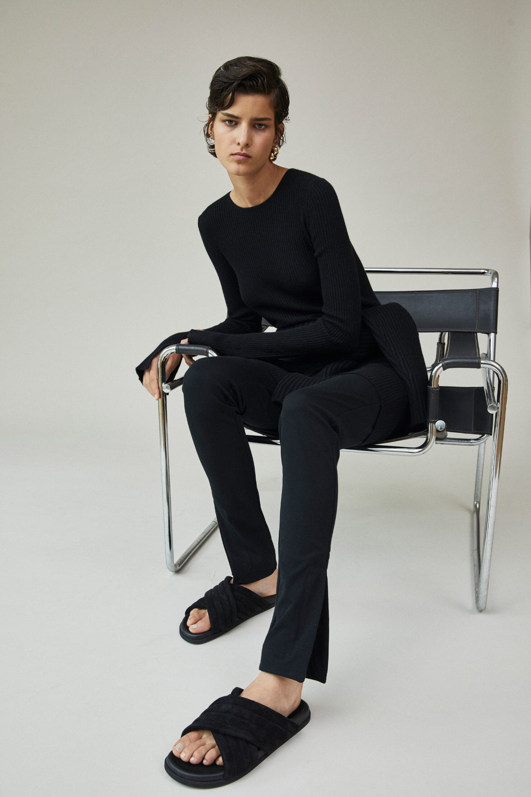 black fitted top and pants