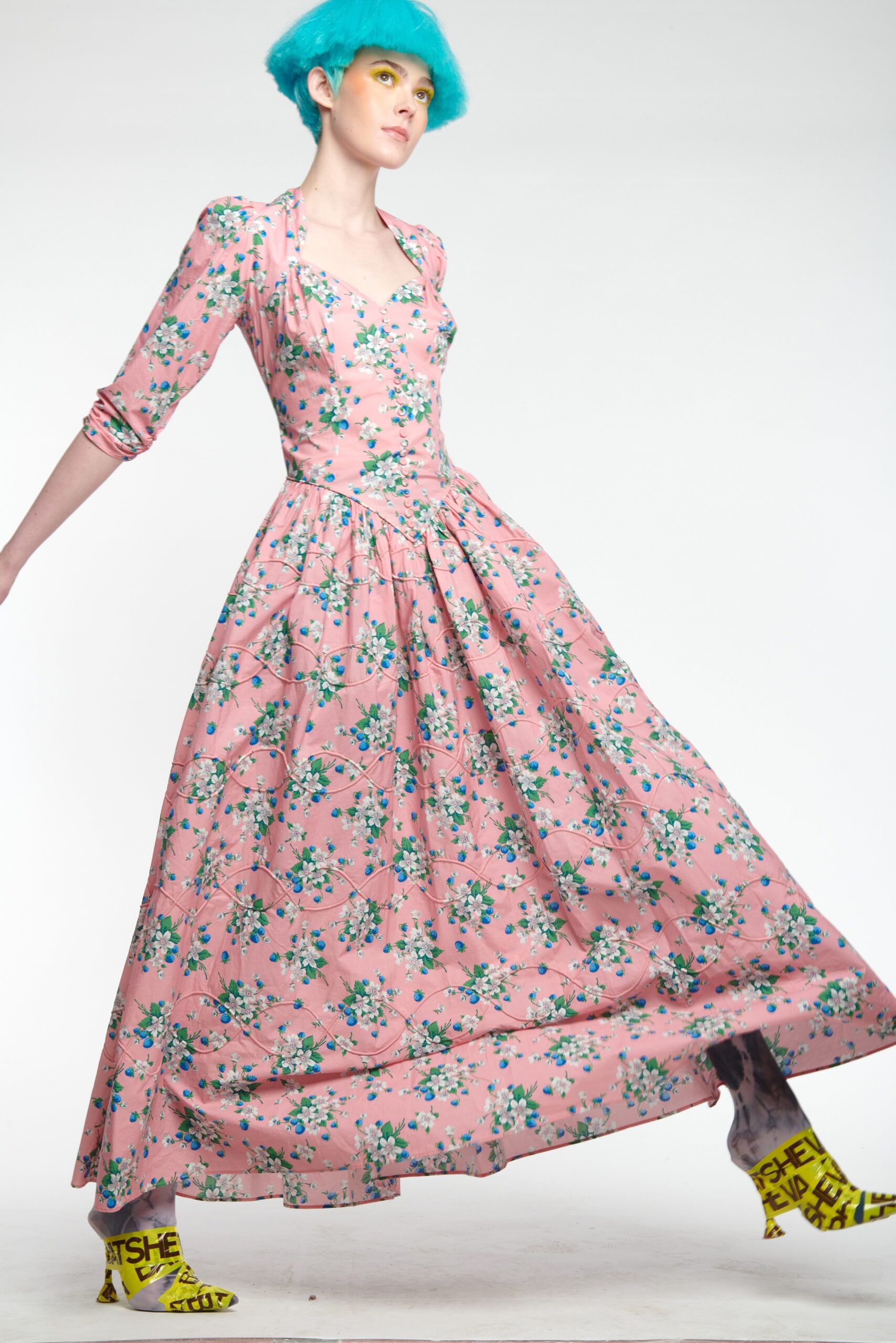 pink floral maxi dress with yellow shoes