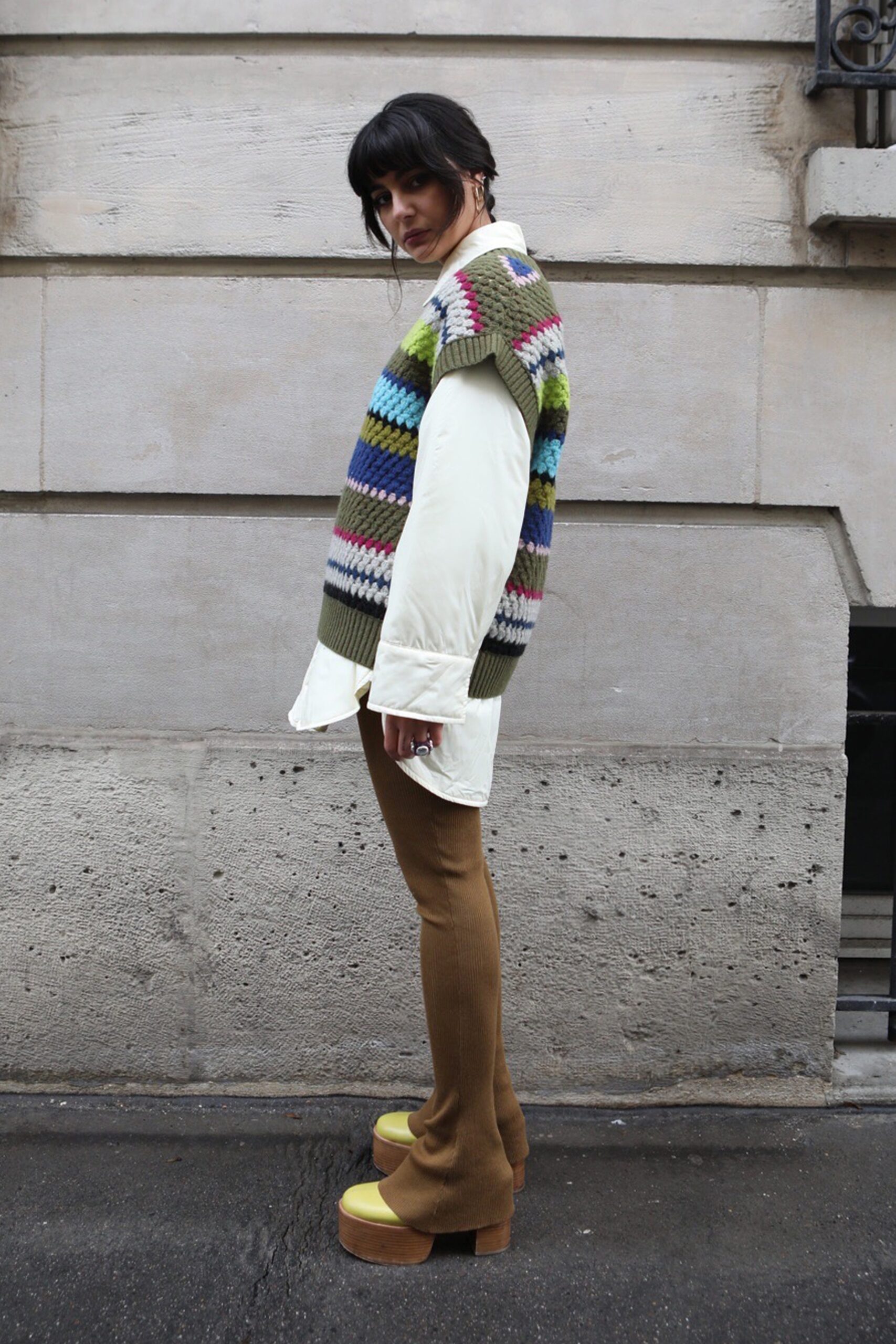 colorful knitted sweater with flared pants