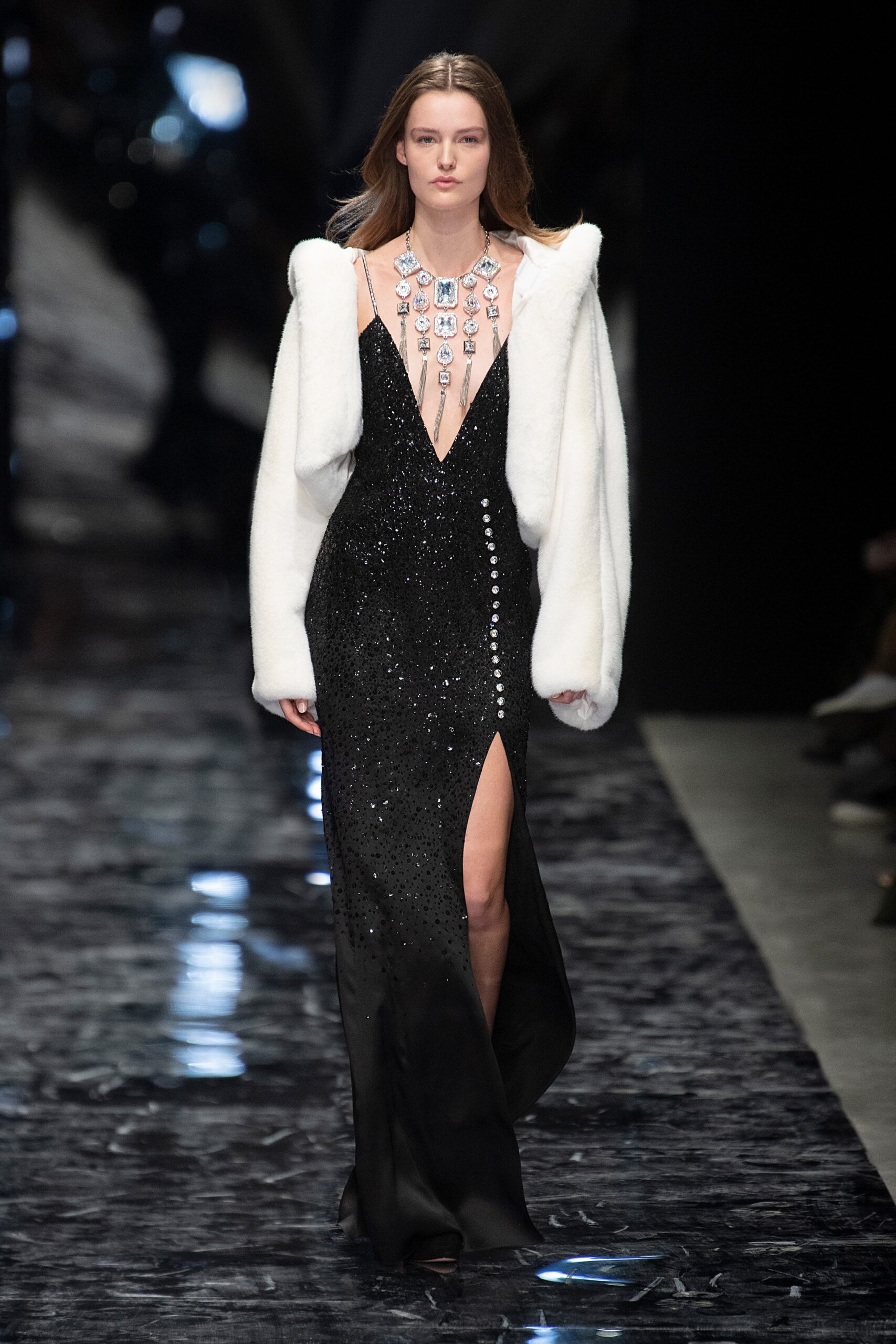 black silk sleeveless v-neck fitted sequined embellished gown