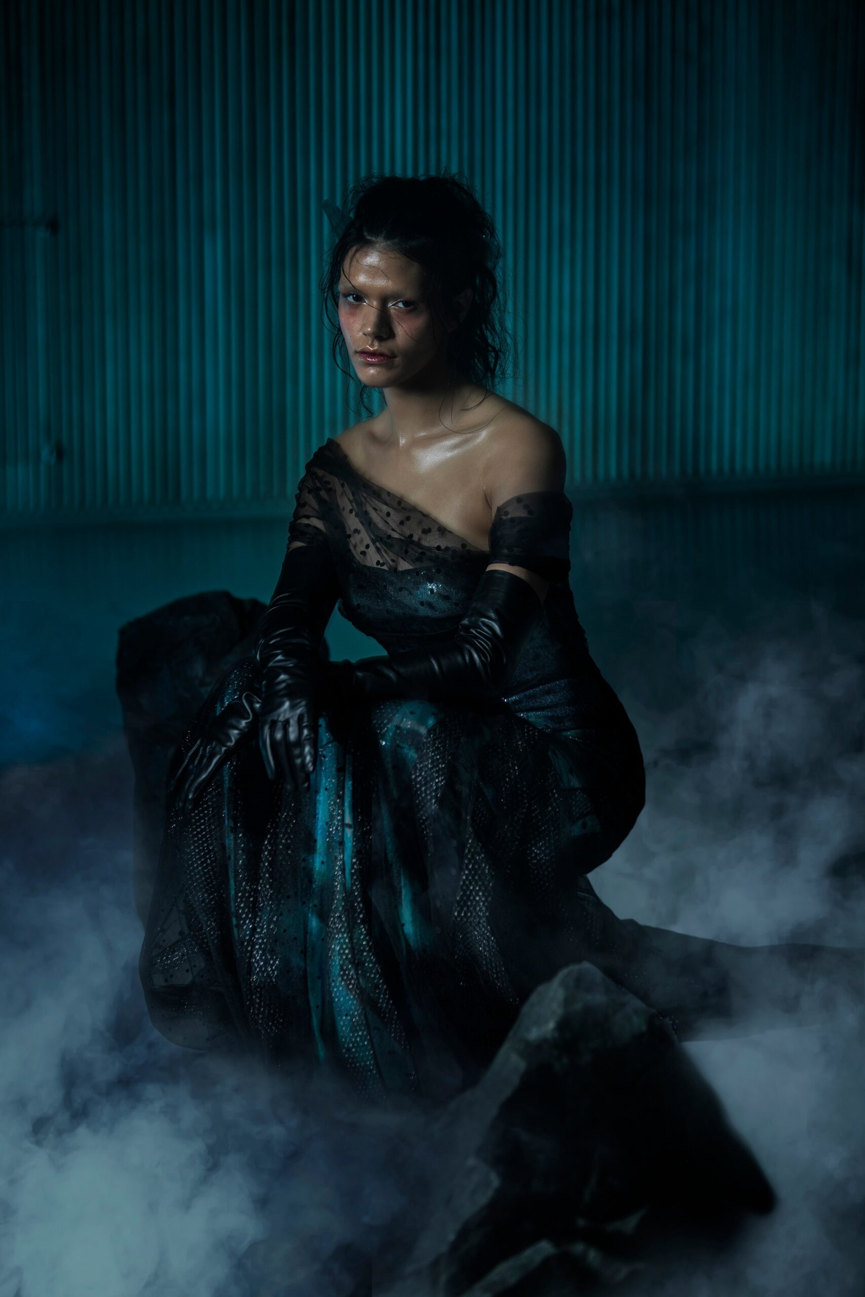 black silk strapless gown
