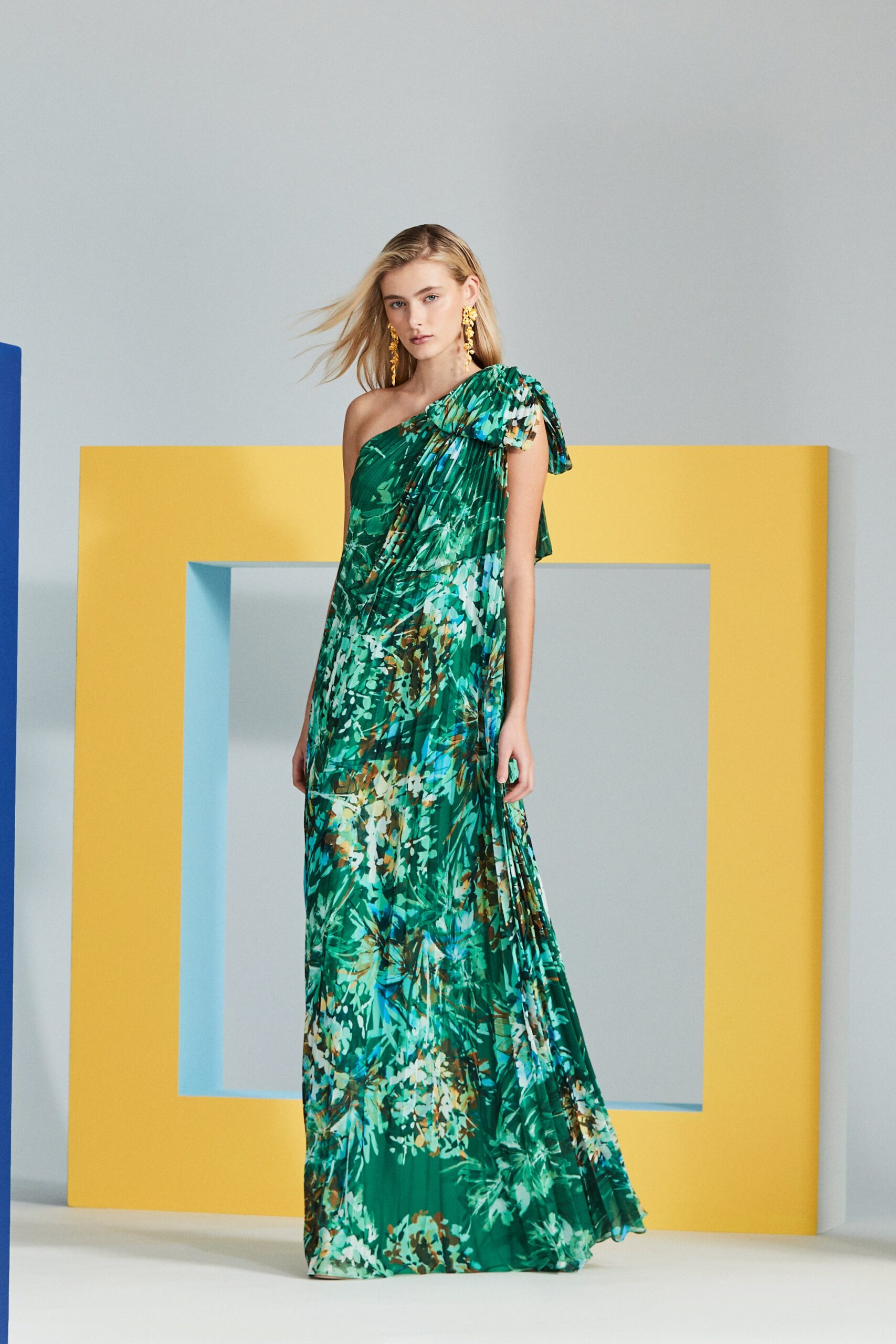 green floral pleated gown