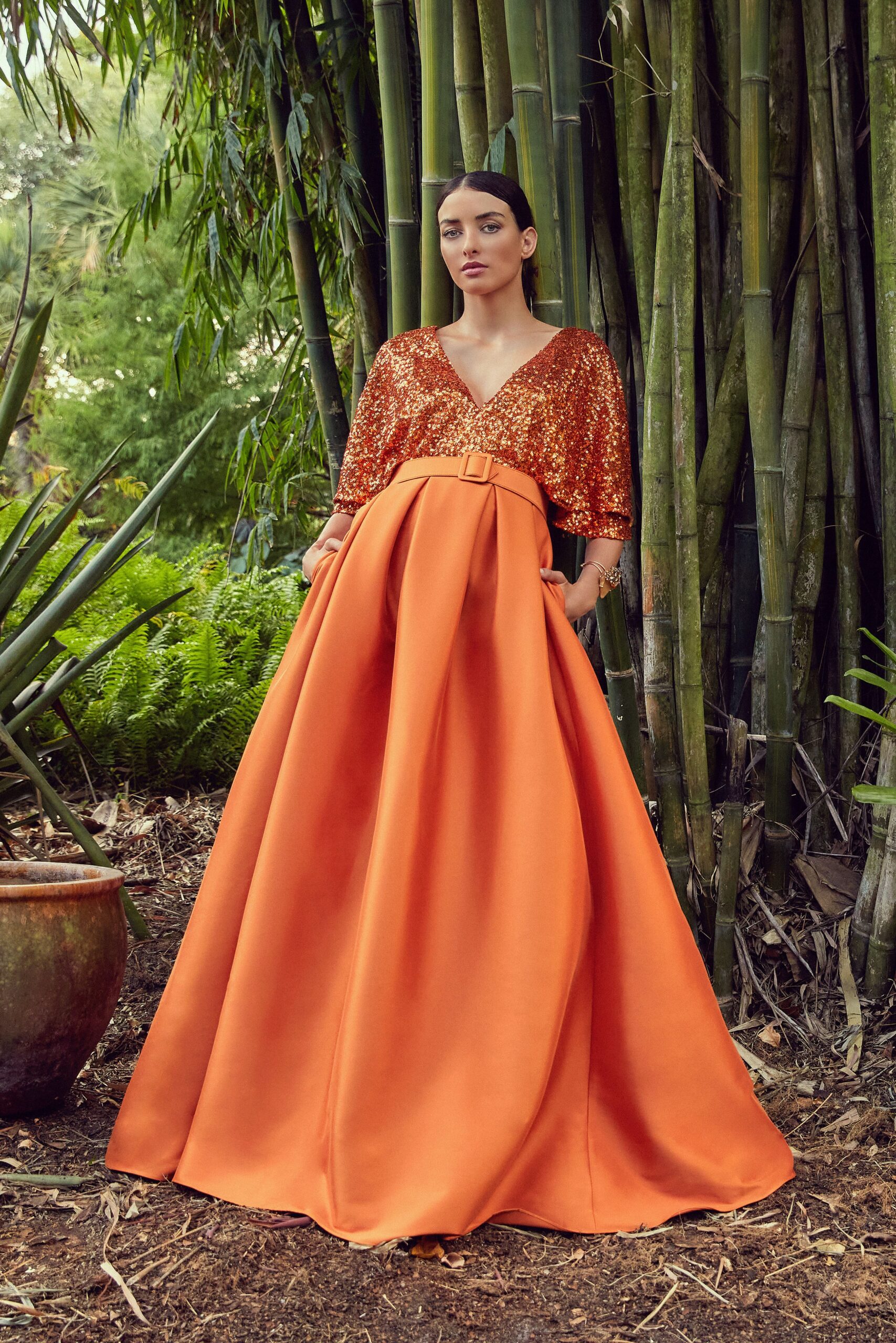 orange silk belted gown with sequined top
