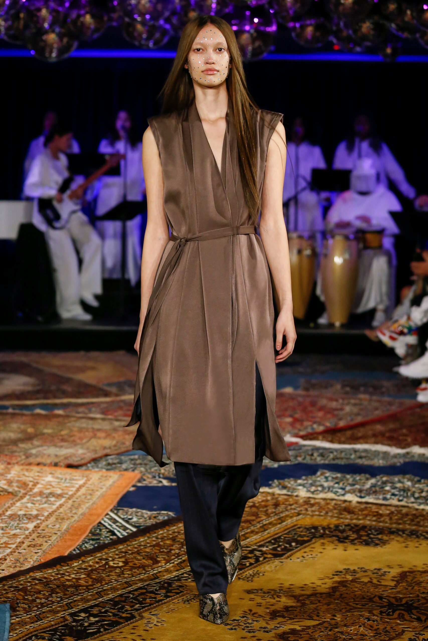 brown silk sleeveless dress with navy pants
