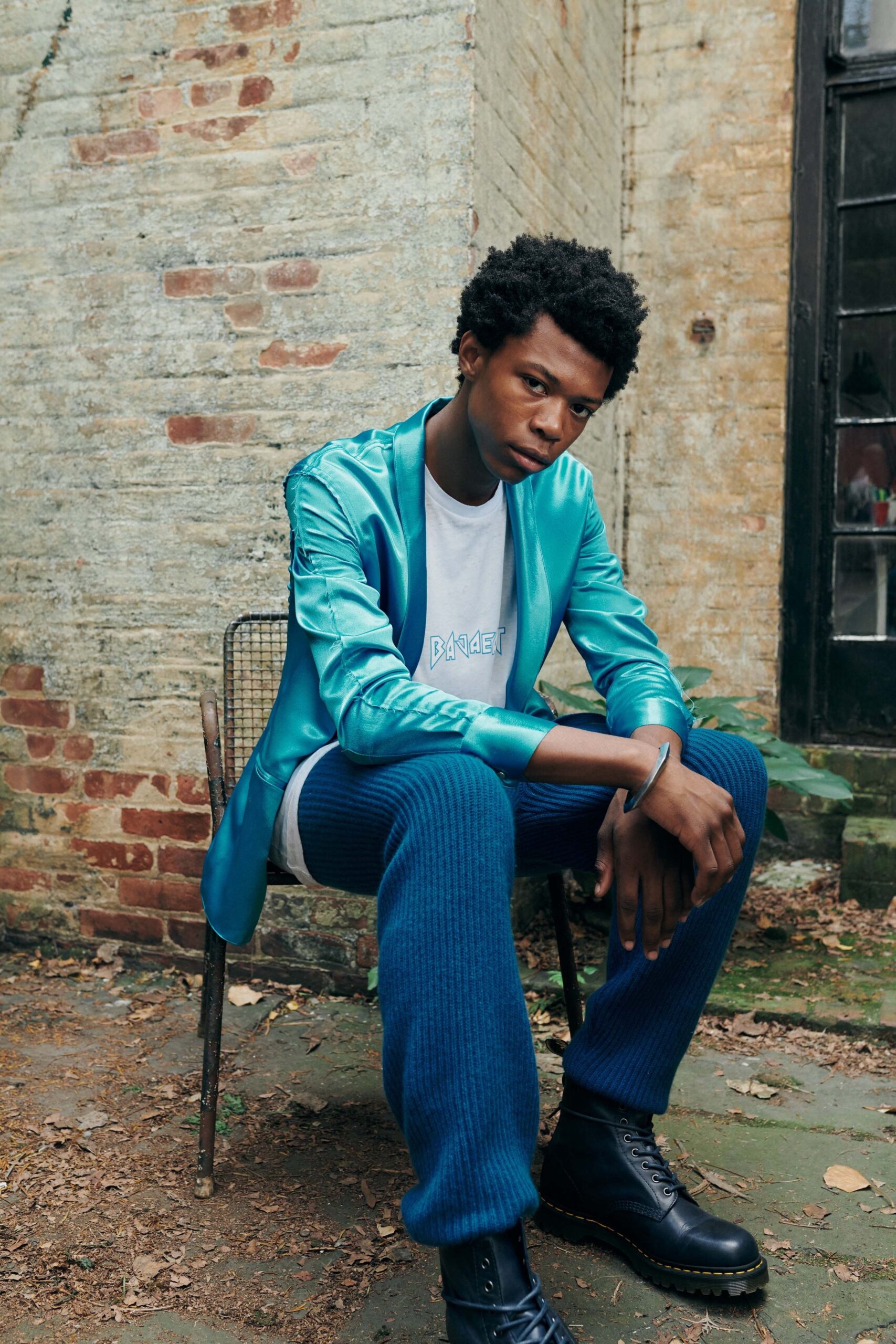 blue silk jacket with t-shirt and pants