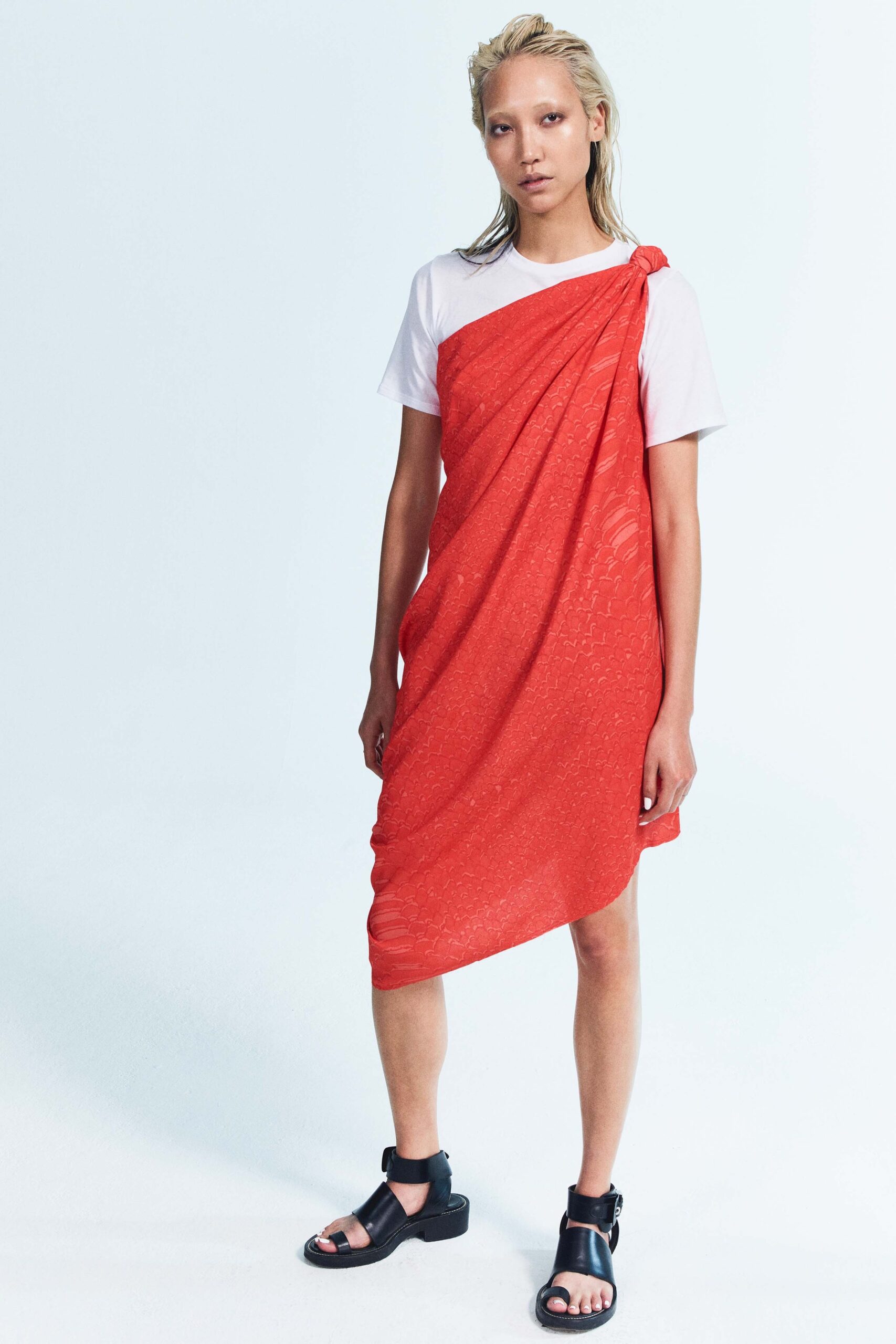 red draped midi dress with t-shirt