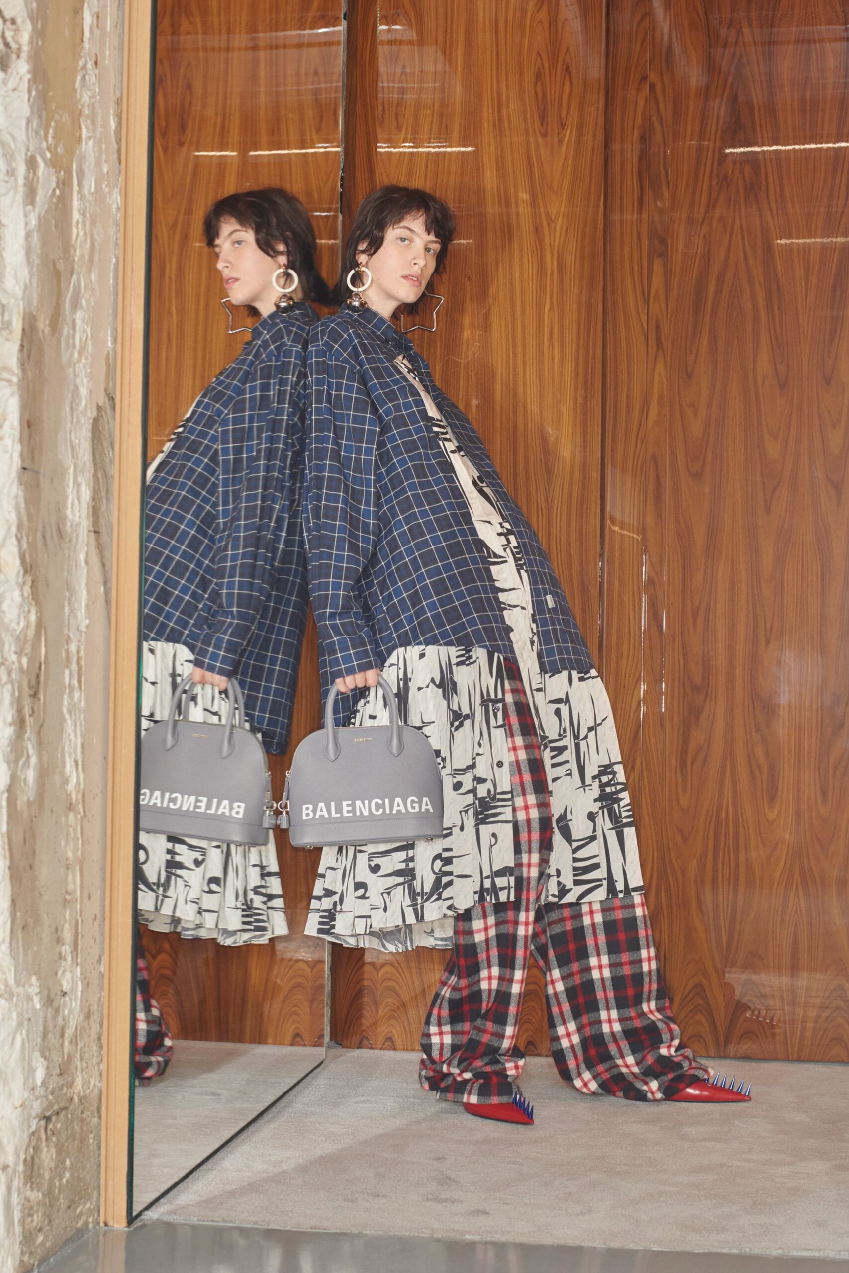 blue cotton long-sleeve collared oversized checked layered shirt