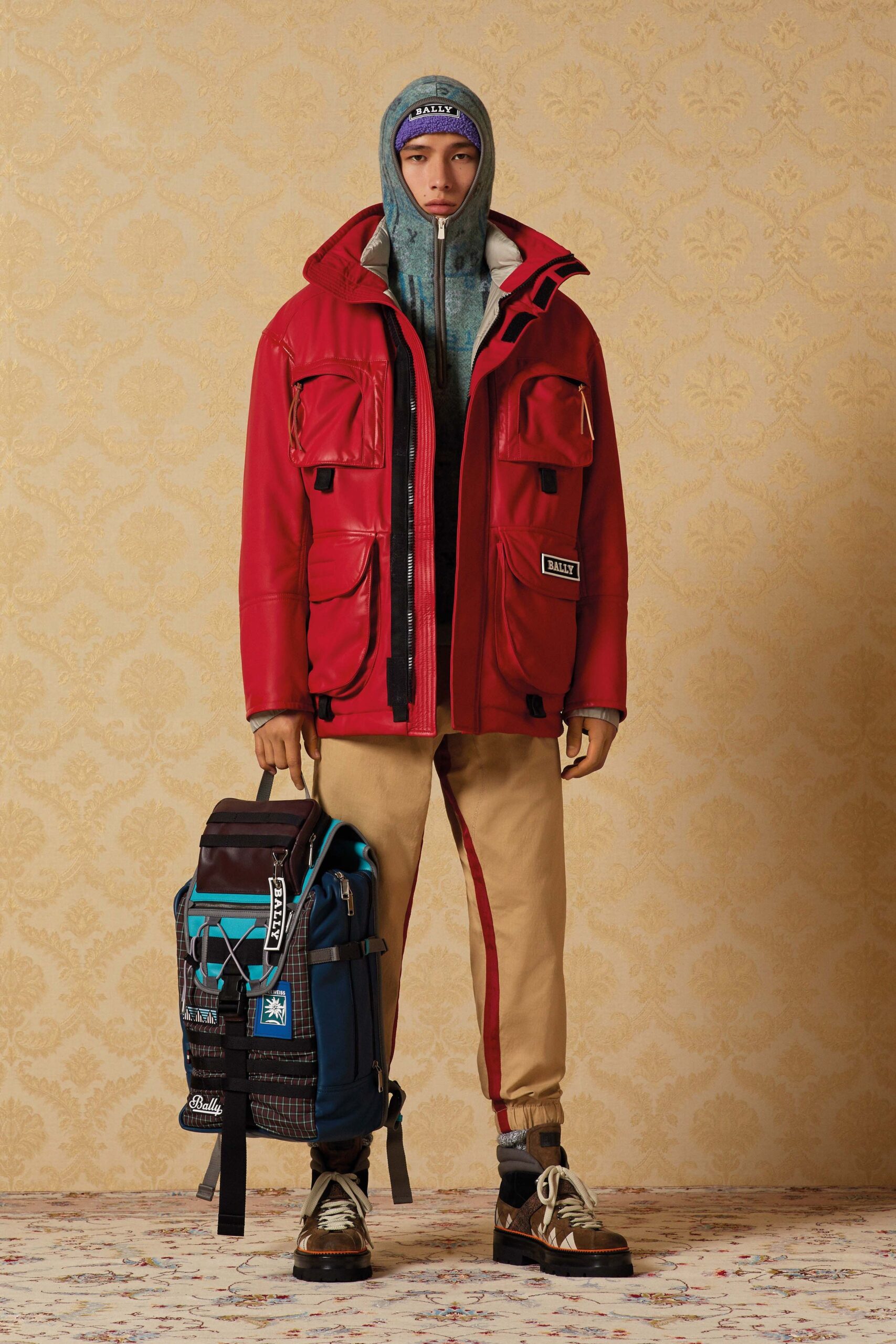 red vinyl jacket with gray hoodie