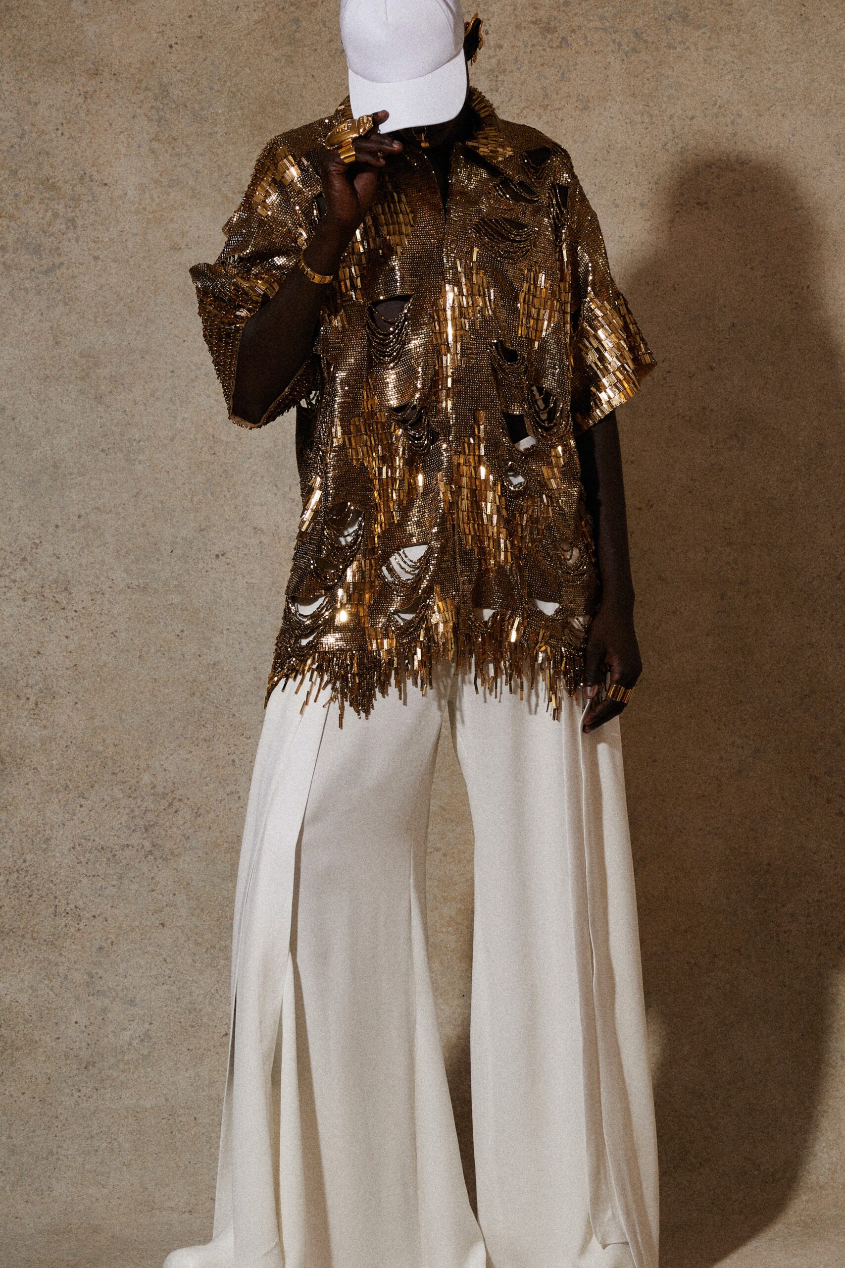 gold sequin short-sleeve relaxed fringed shiny shirt