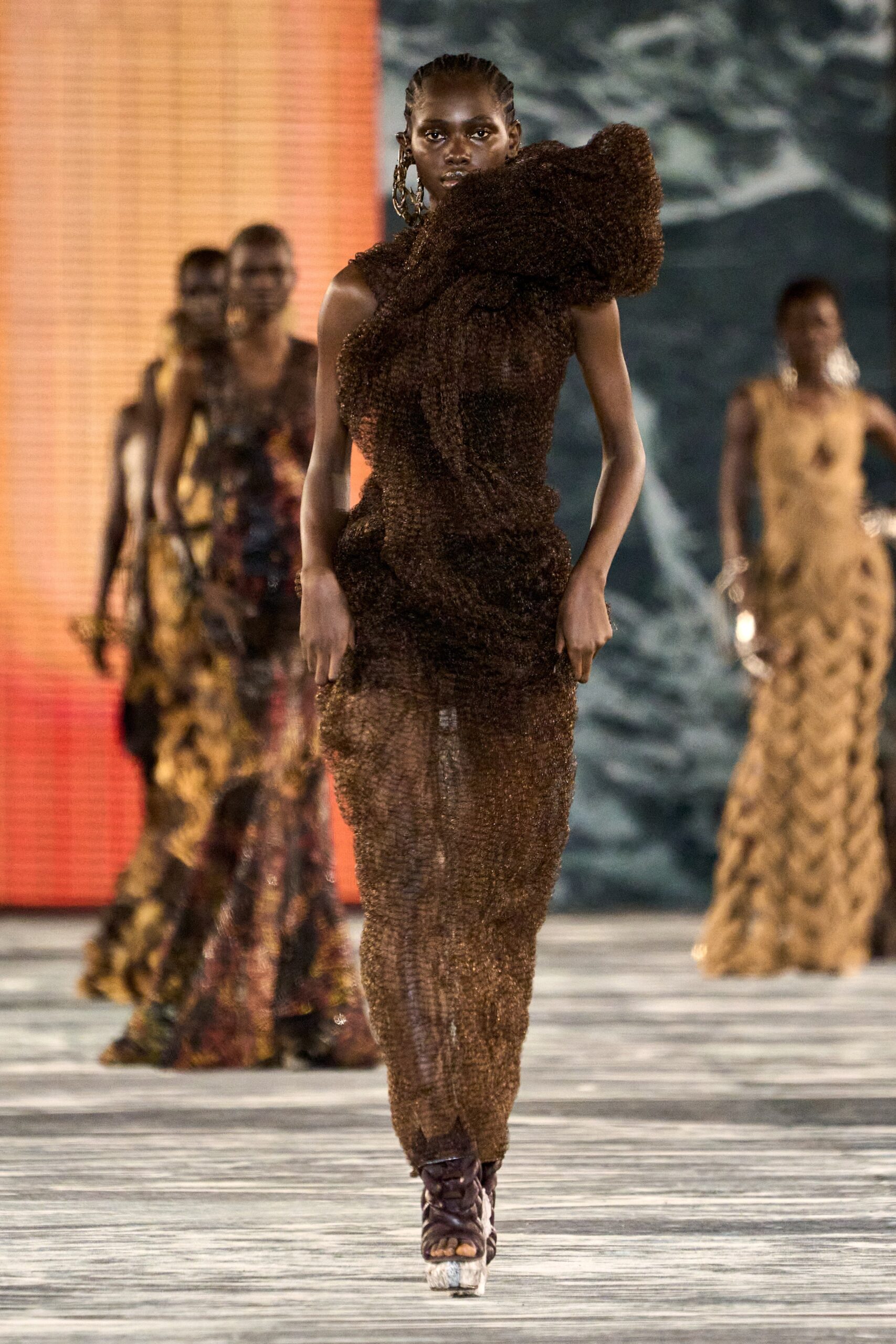 brown sheer draped maxi dress