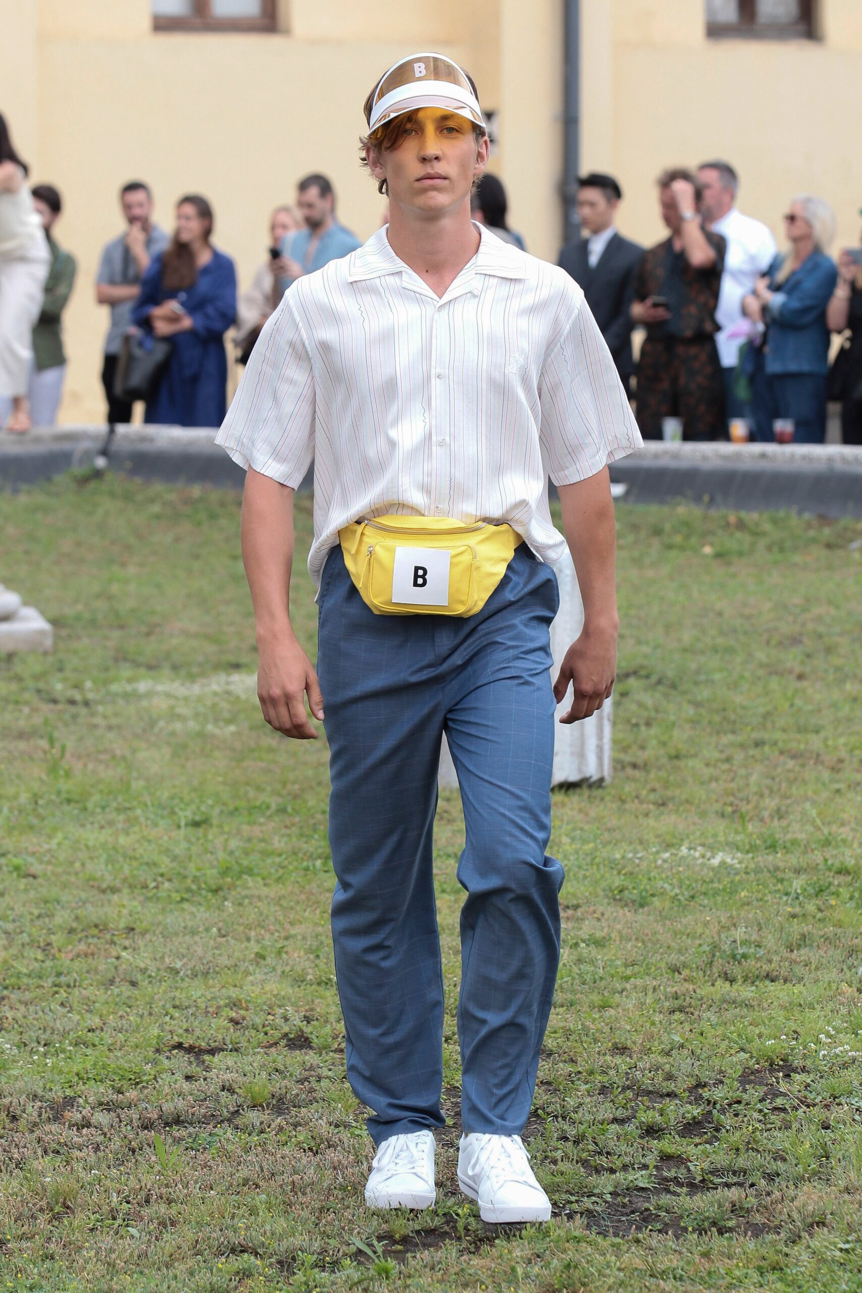 relaxed striped shirt and blue pants