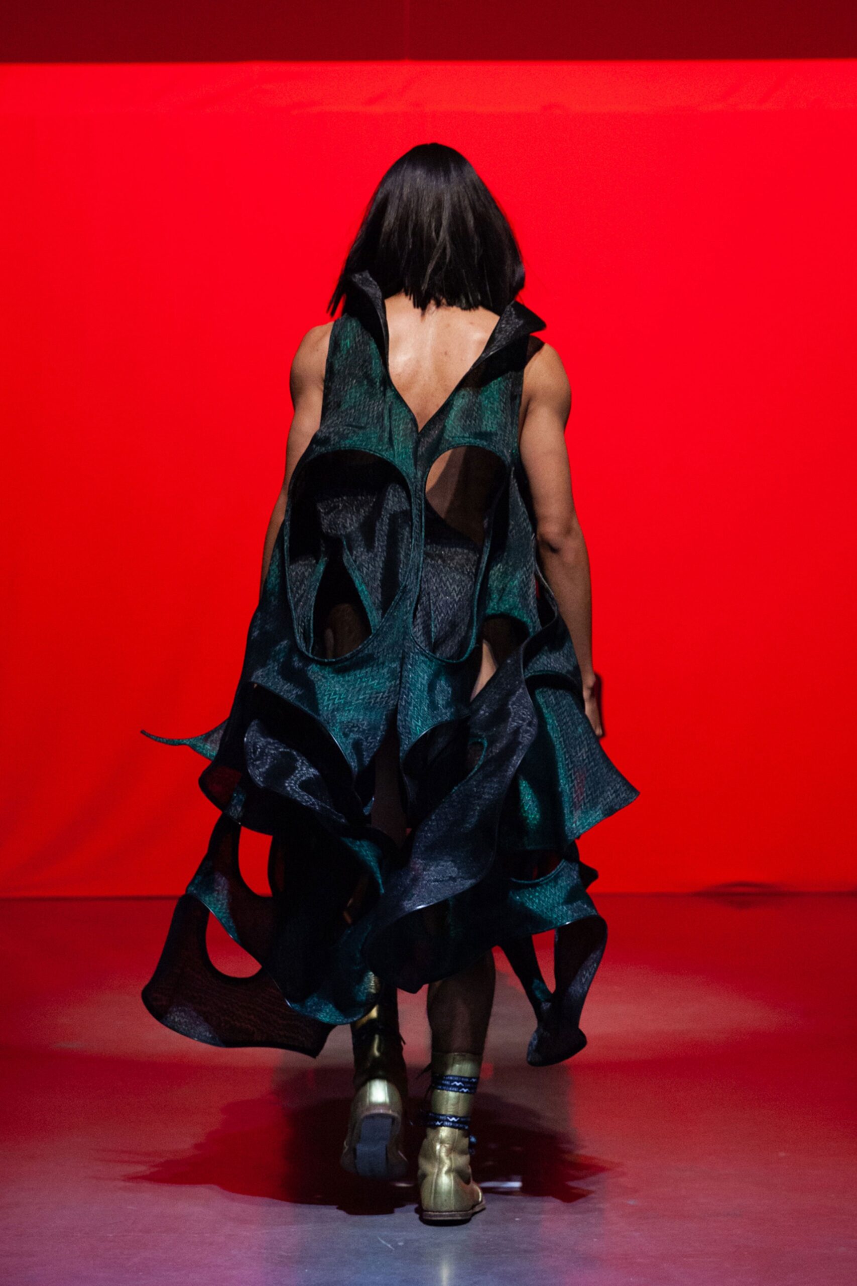 black green silk draped dress