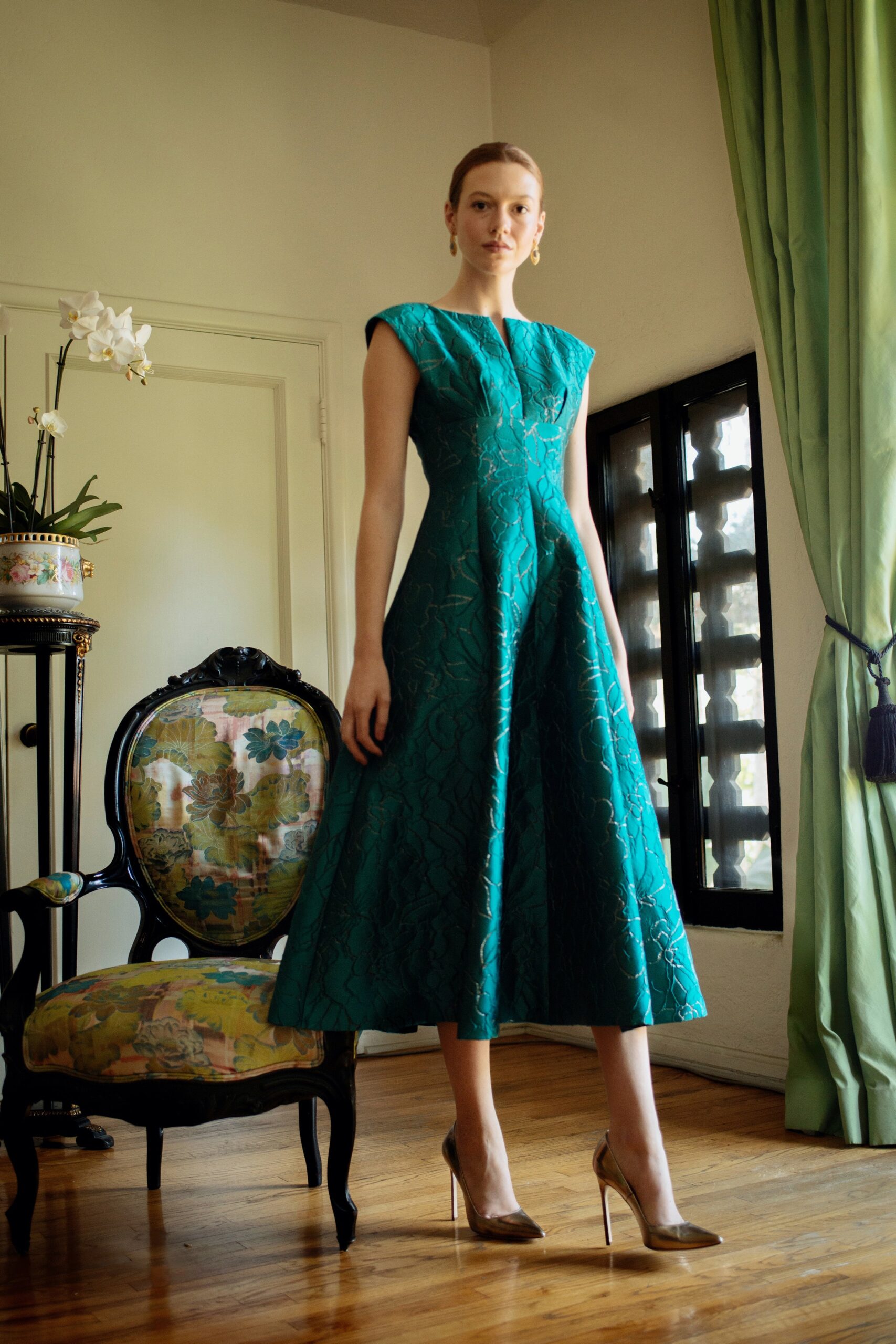 teal silk sleeveless dress