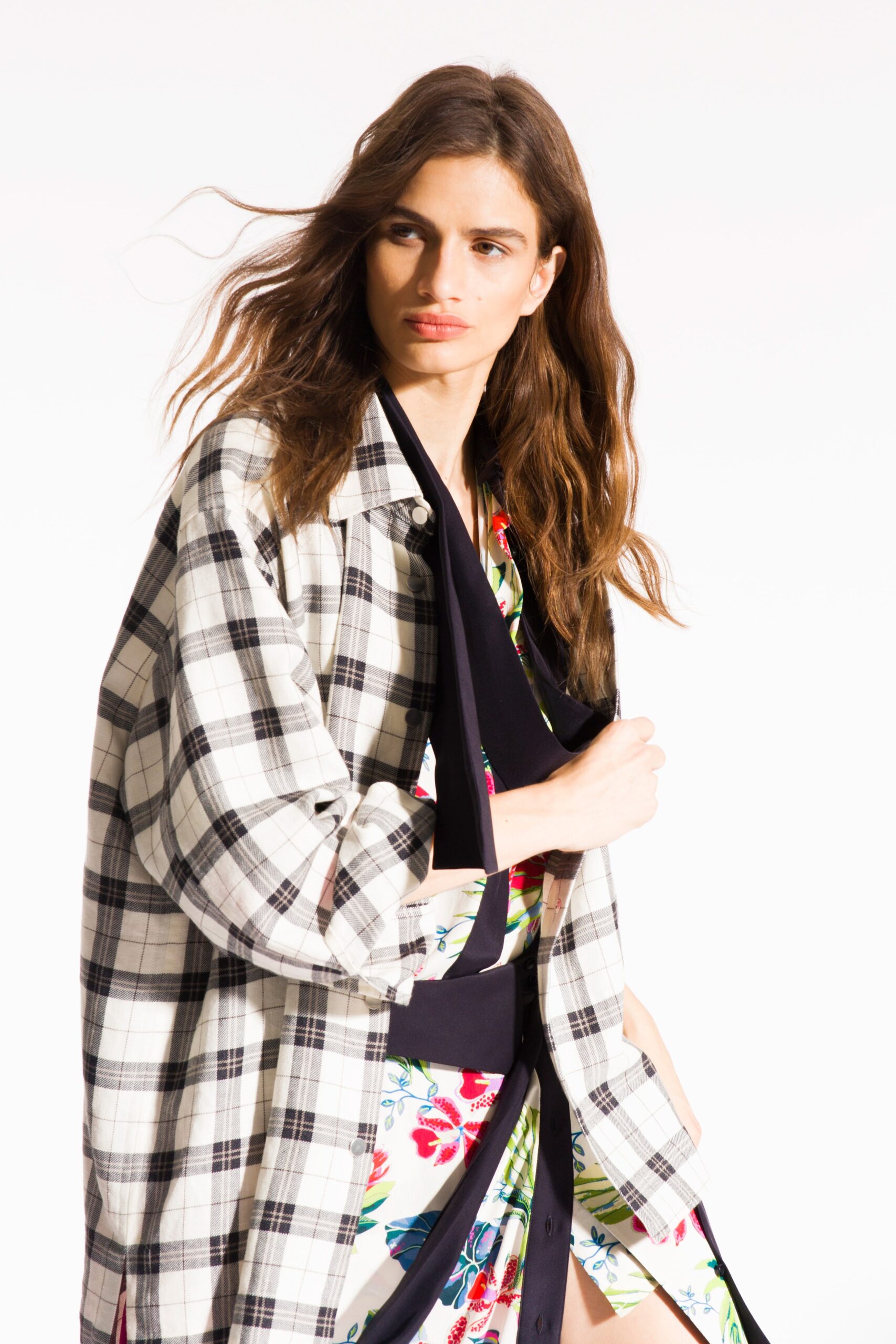 floral mini dress with checked jacket