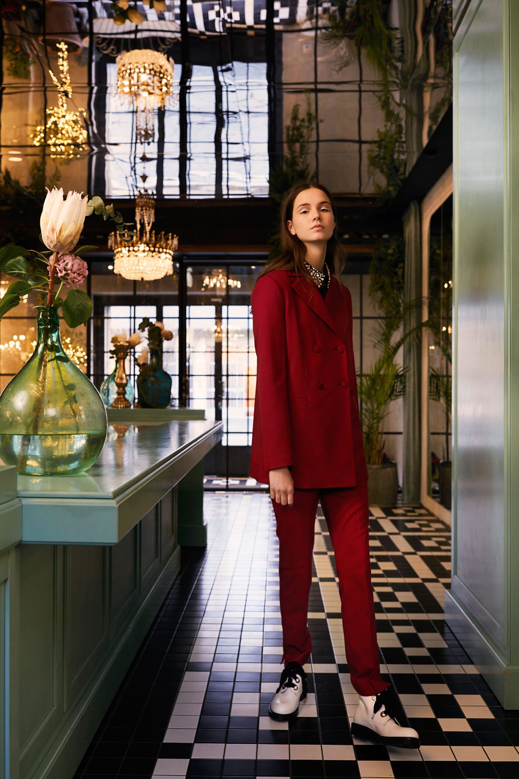 red tailored suit with shoes