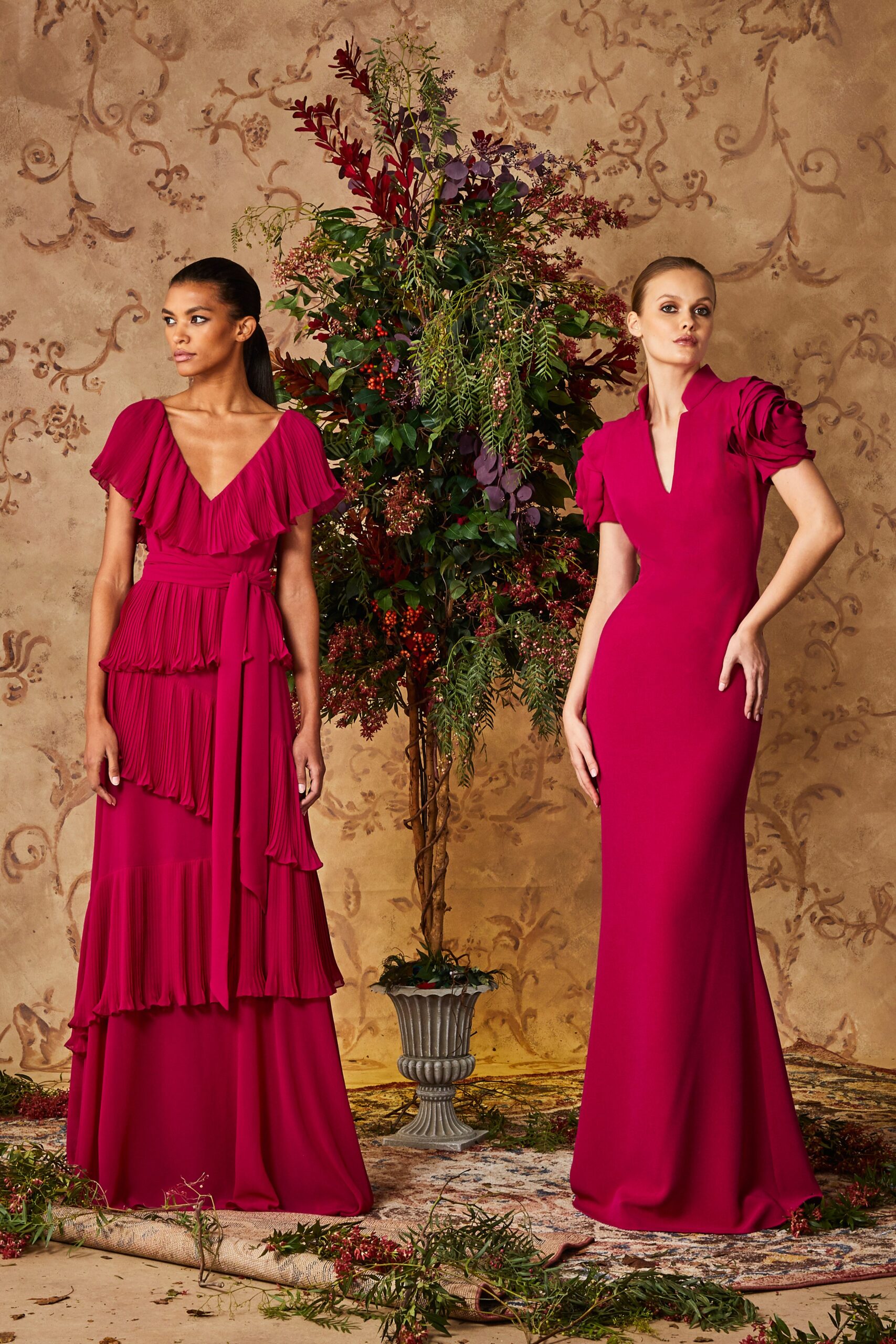 red silk fitted gowns