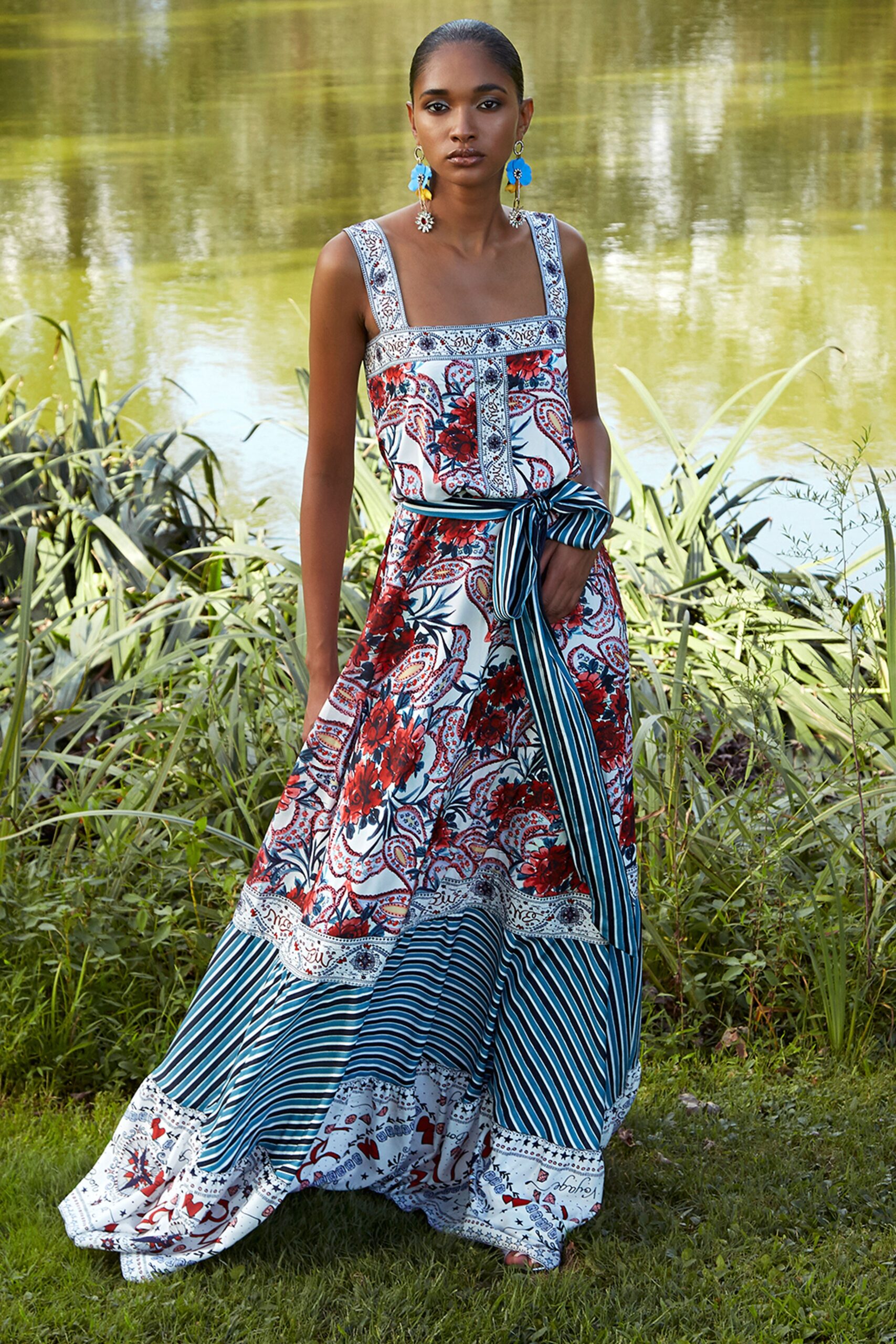 red and blue printed maxi dress