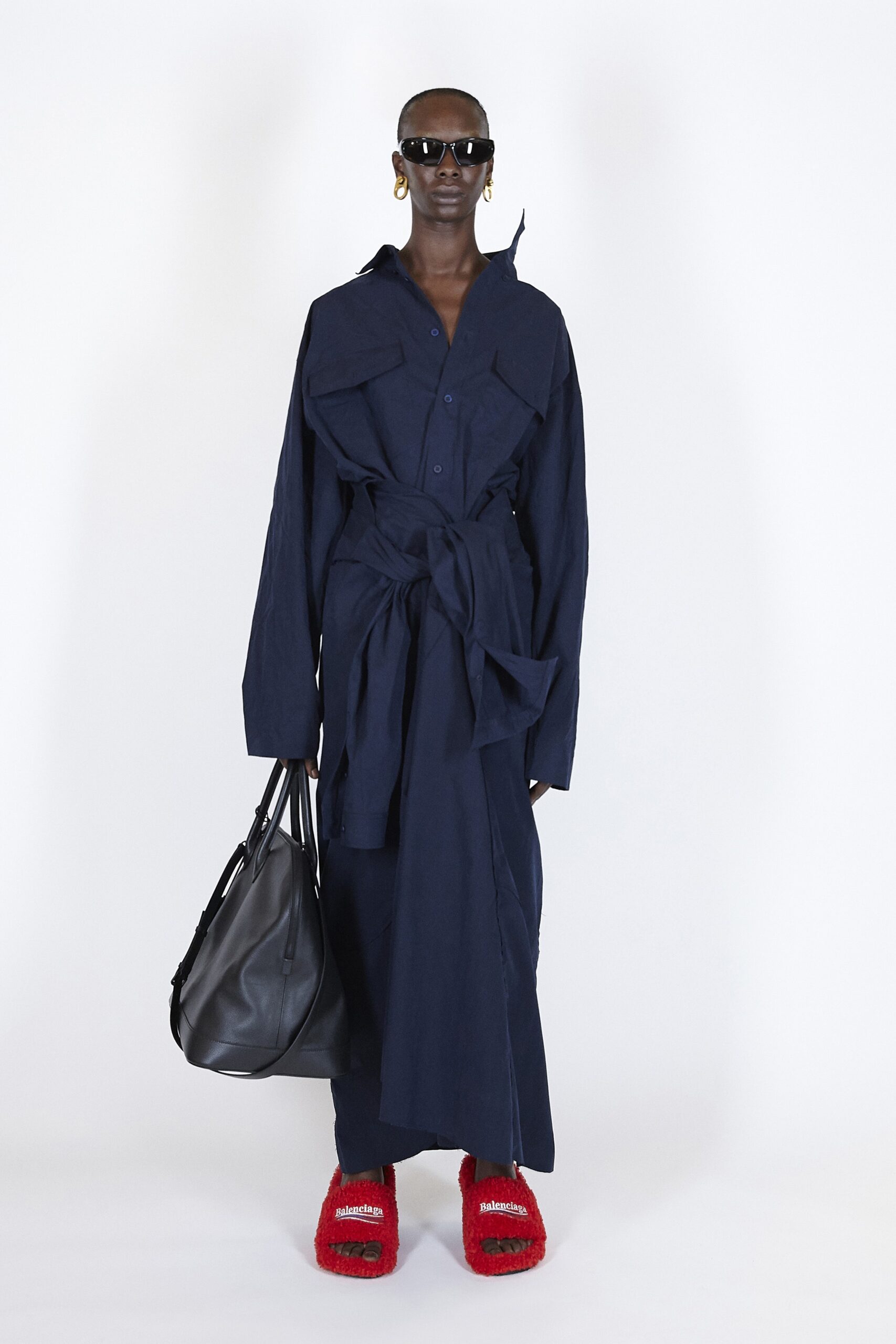 blue cotton long-sleeve collared relaxed belted maxi dress