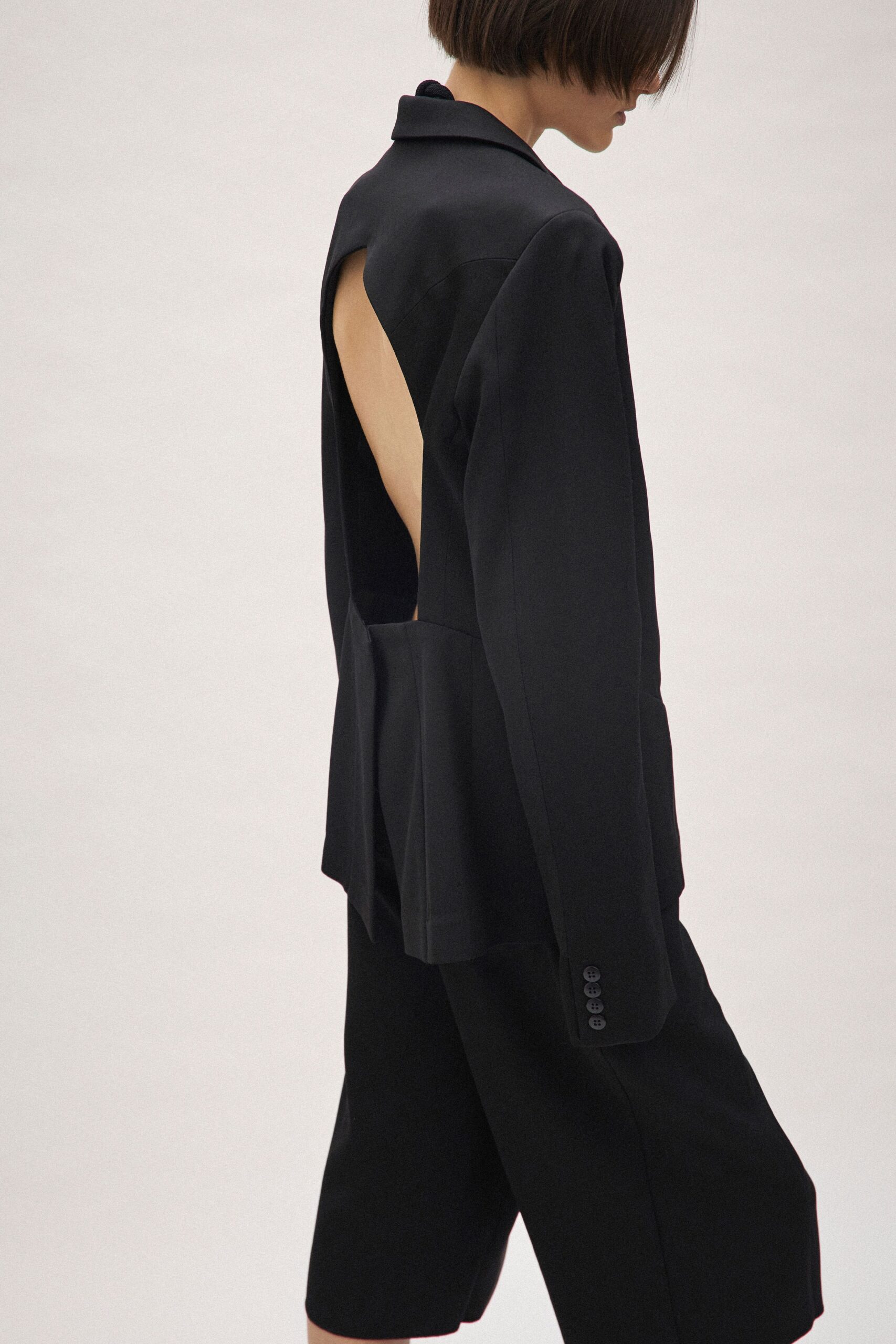 black fitted blazer and shorts