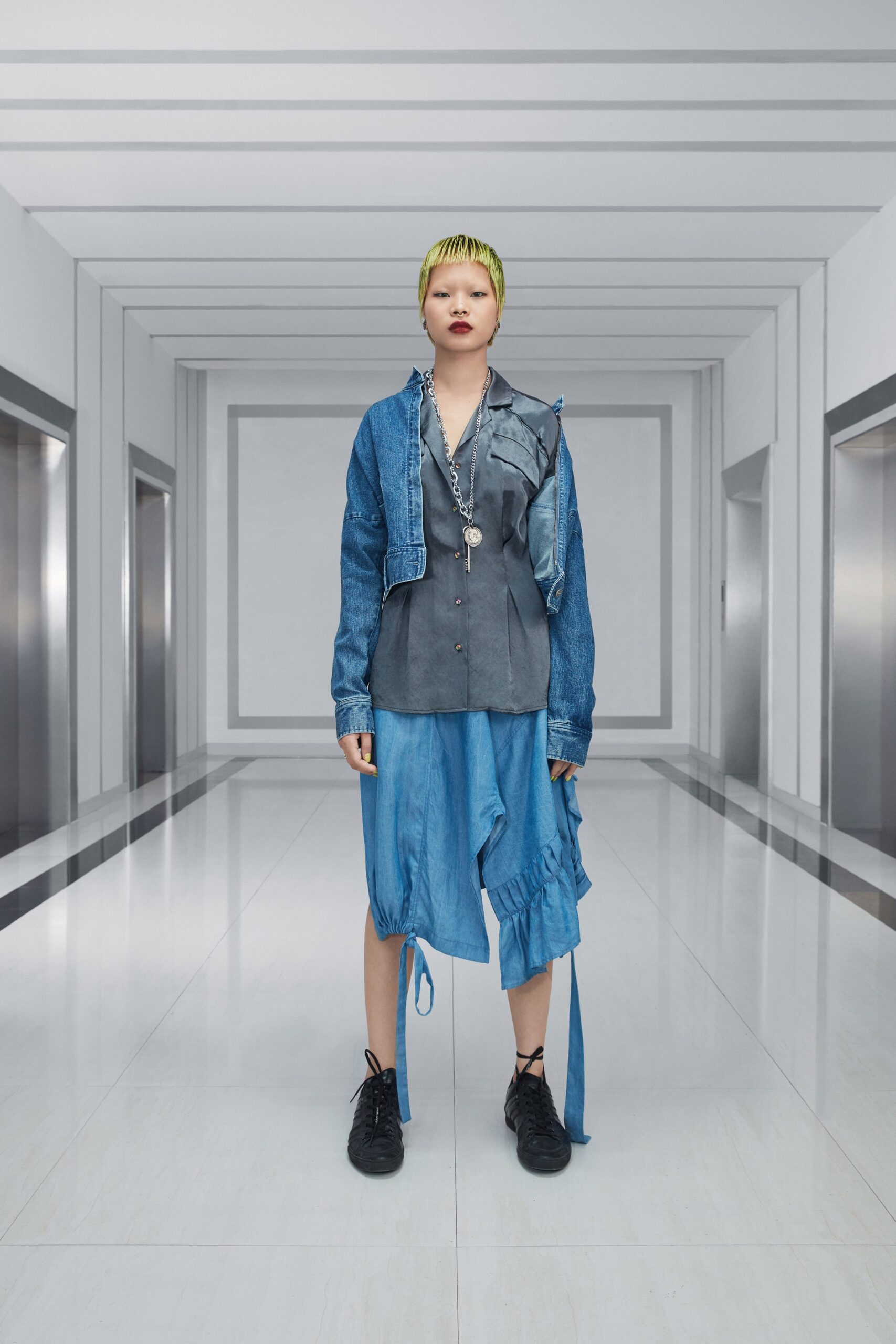 denim jacket gray shirt asymmetric skirt