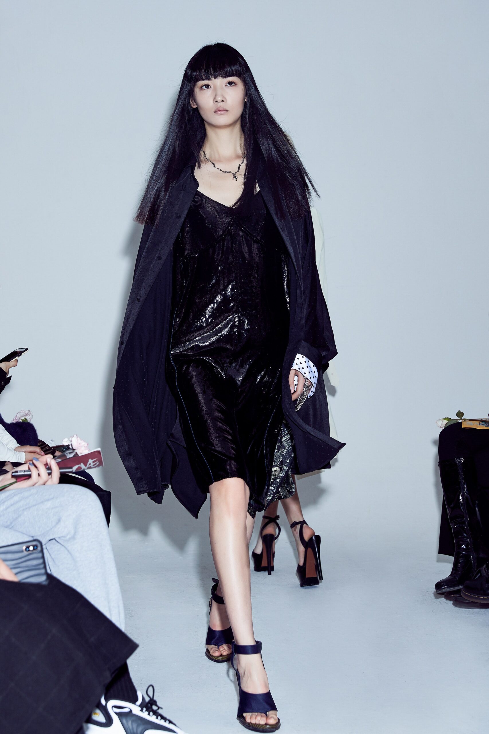black silk midi dress with coat