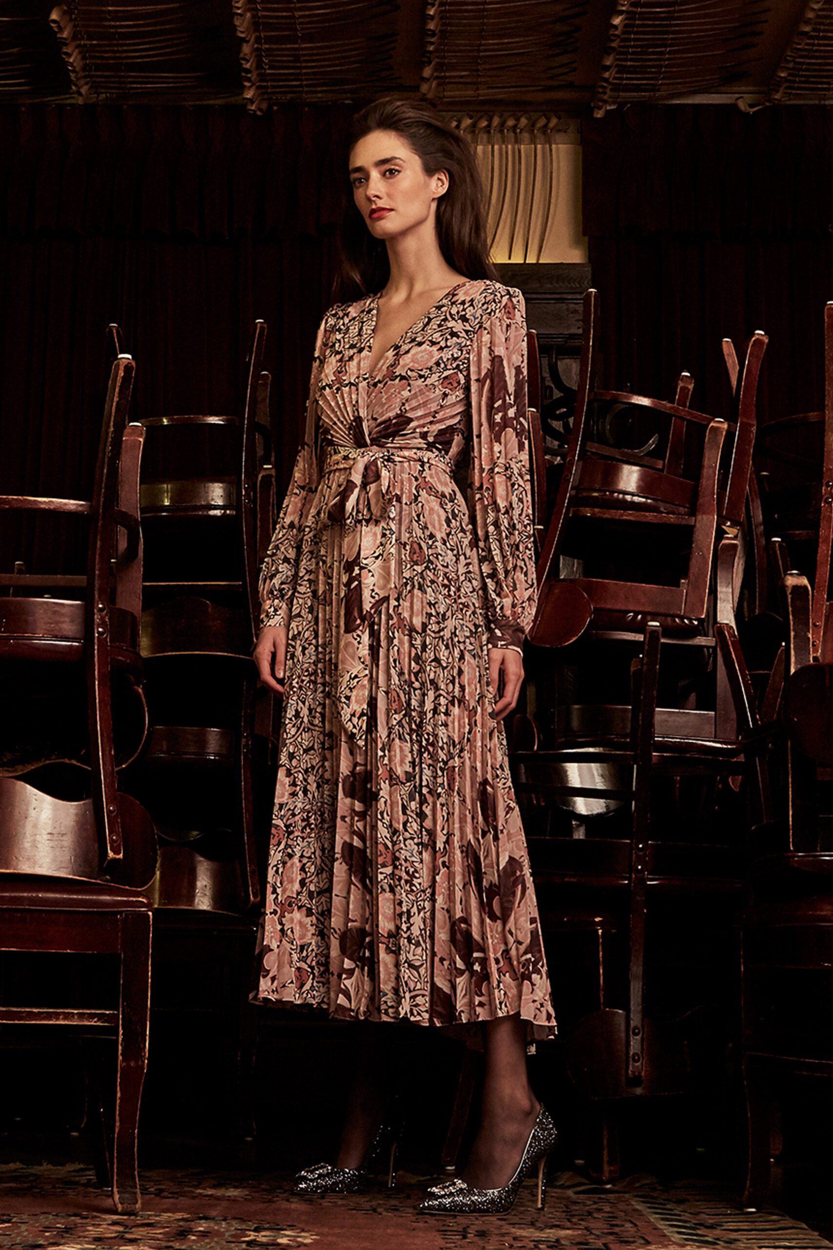 pink silk long-sleeve v-neck fitted pleated flared dress