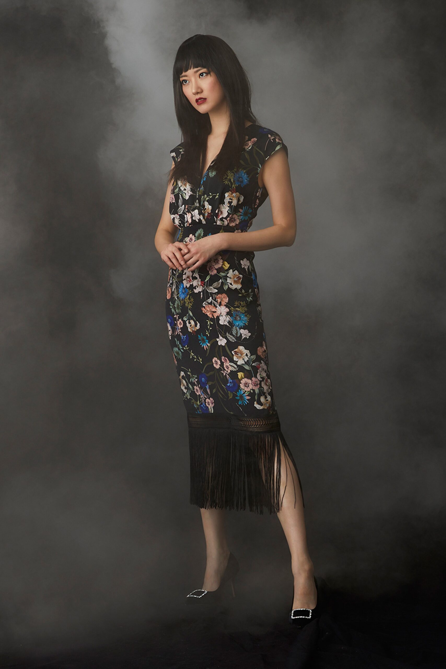 black floral fitted midi dress