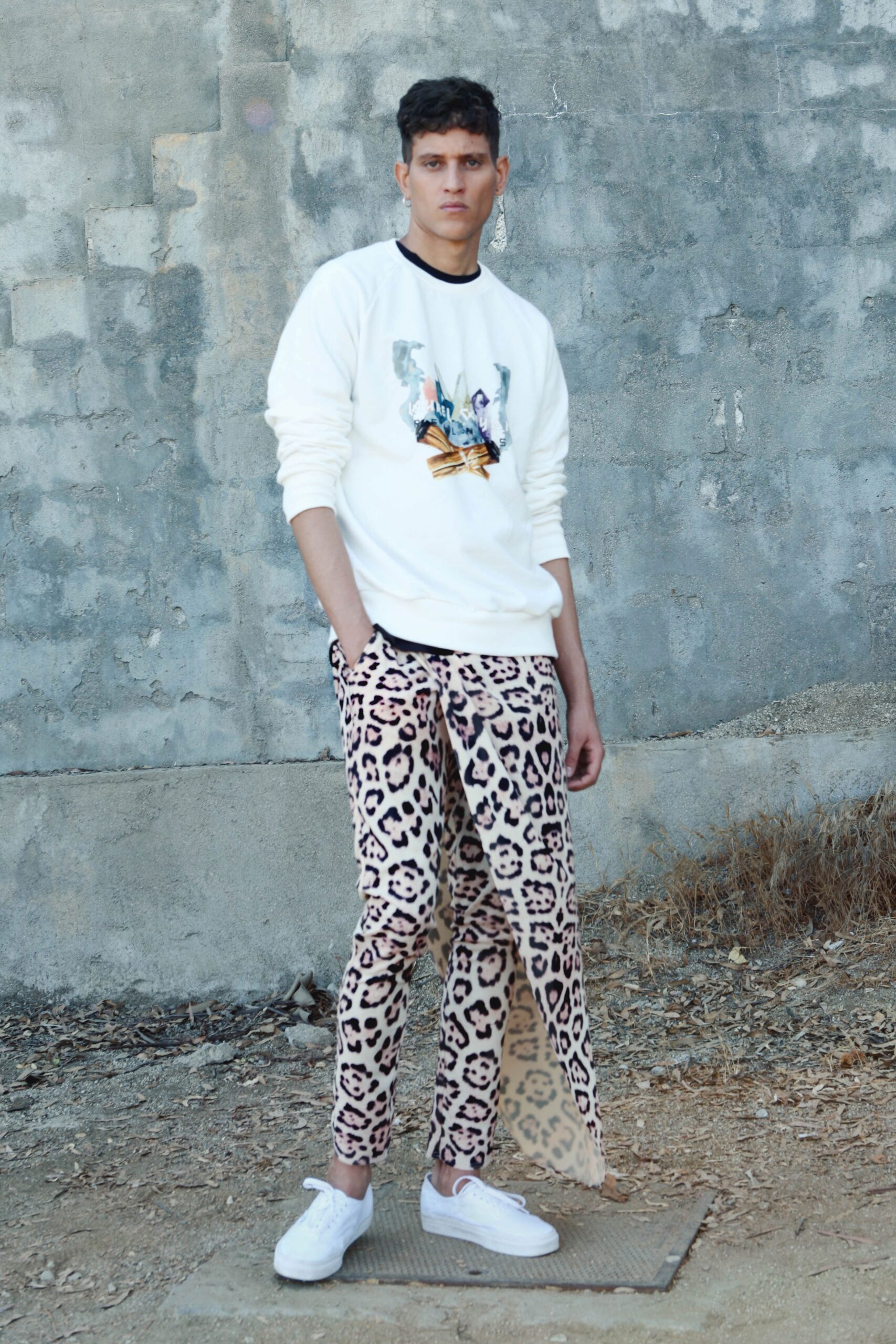 white cotton long-sleeve collared relaxed printed sweater