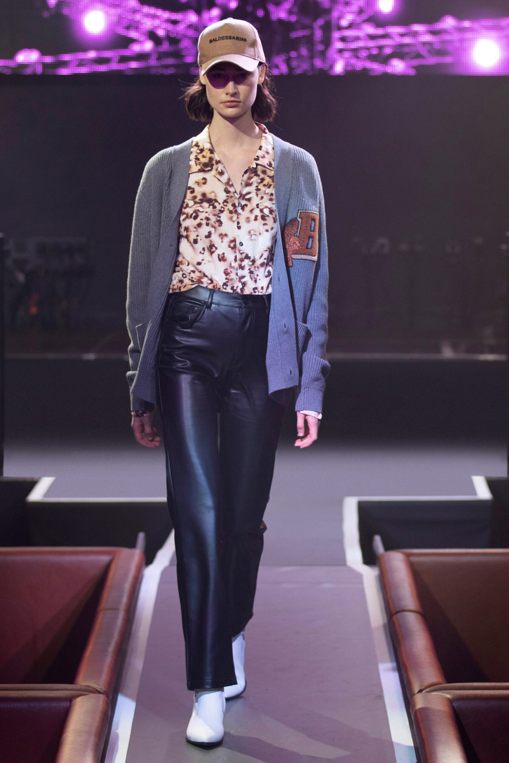 gray cardigan beige blouse black pants