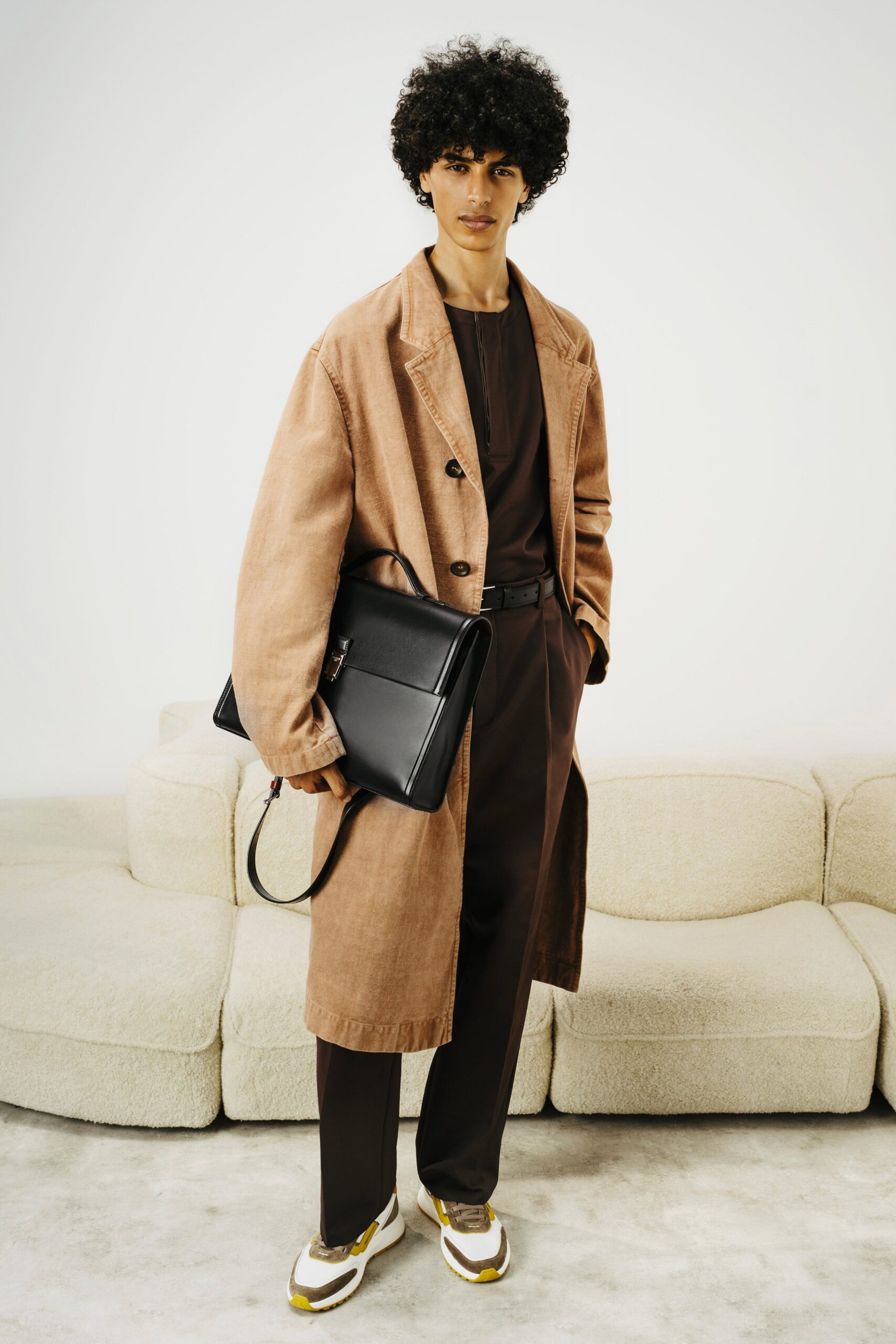 beige cotton long-sleeve collared relaxed buttoned coat