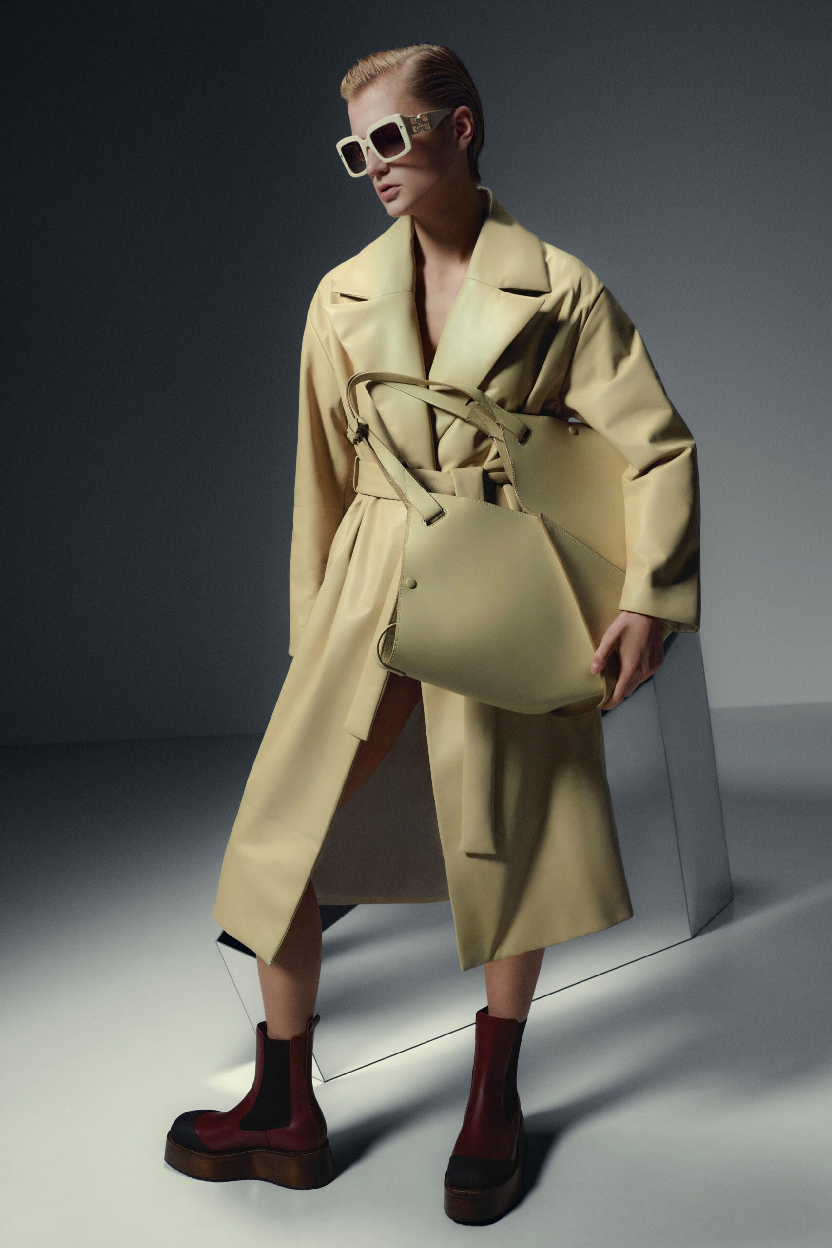 beige vinyl belted coat