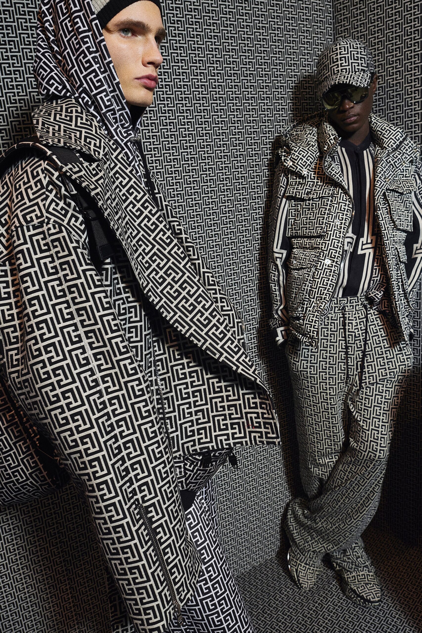 black and white printed jacket and pants