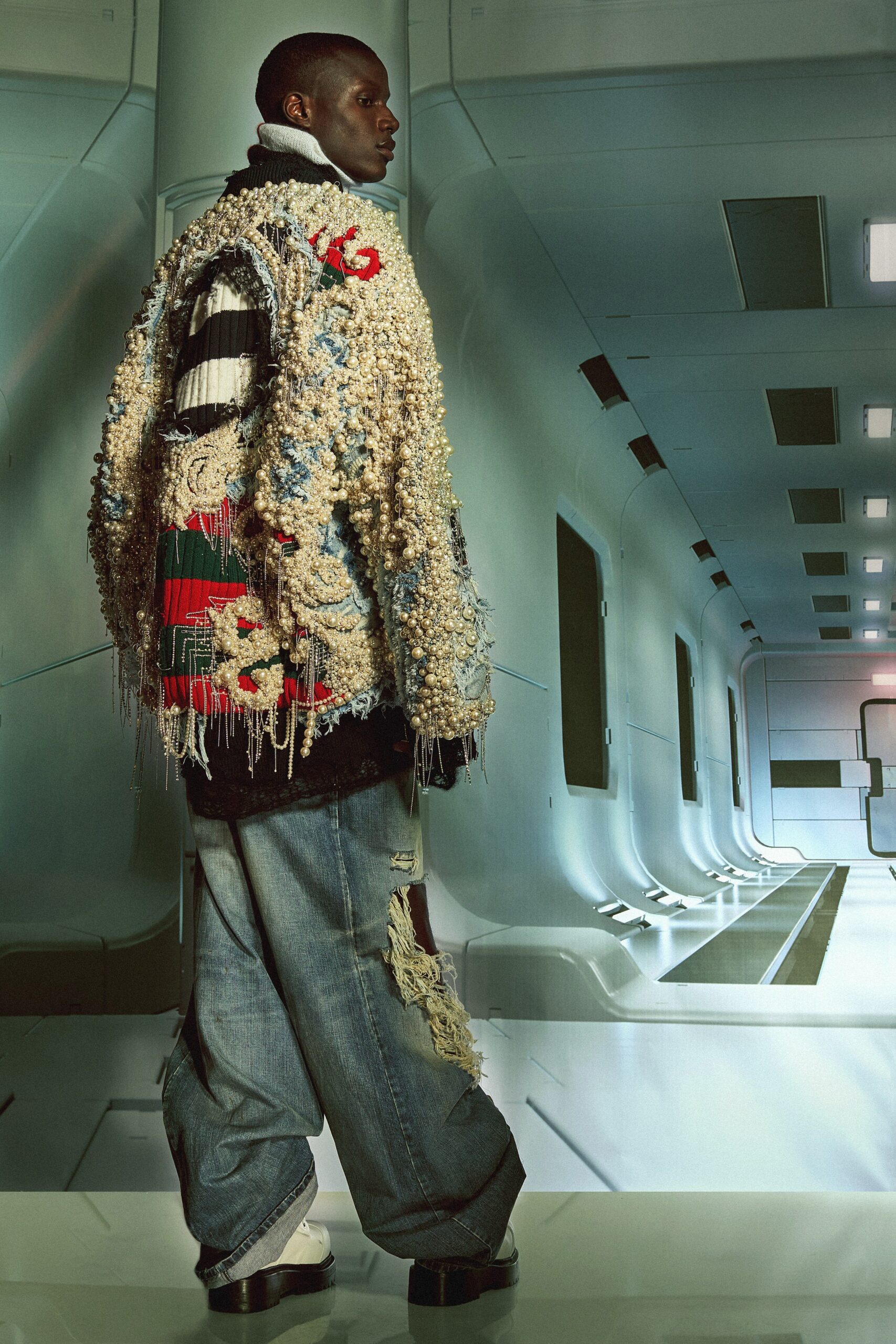 multi-colored oversized jacket and relaxed denim pants