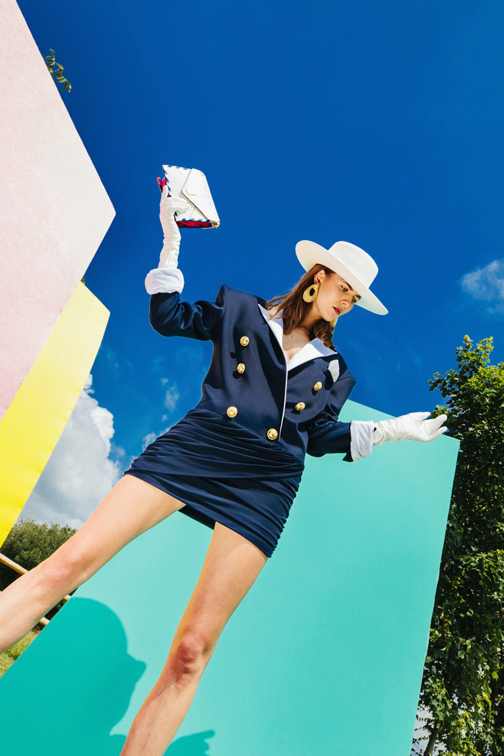 blue fitted blazer and mini-dress