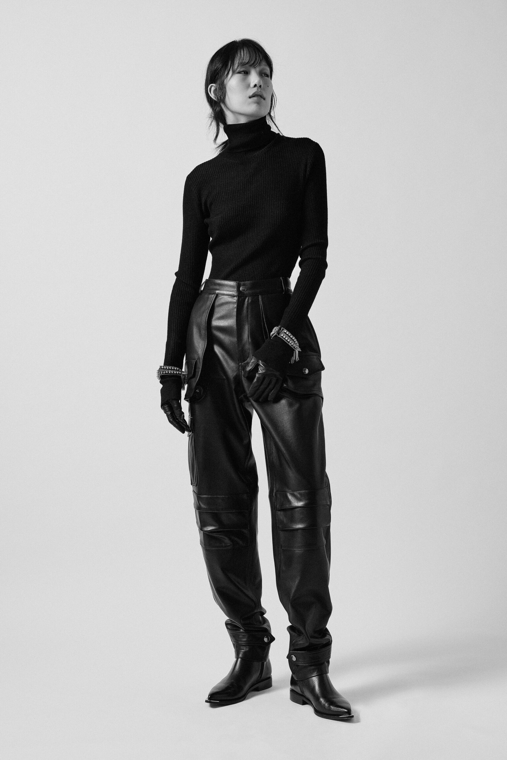 black leather relaxed cargo pants