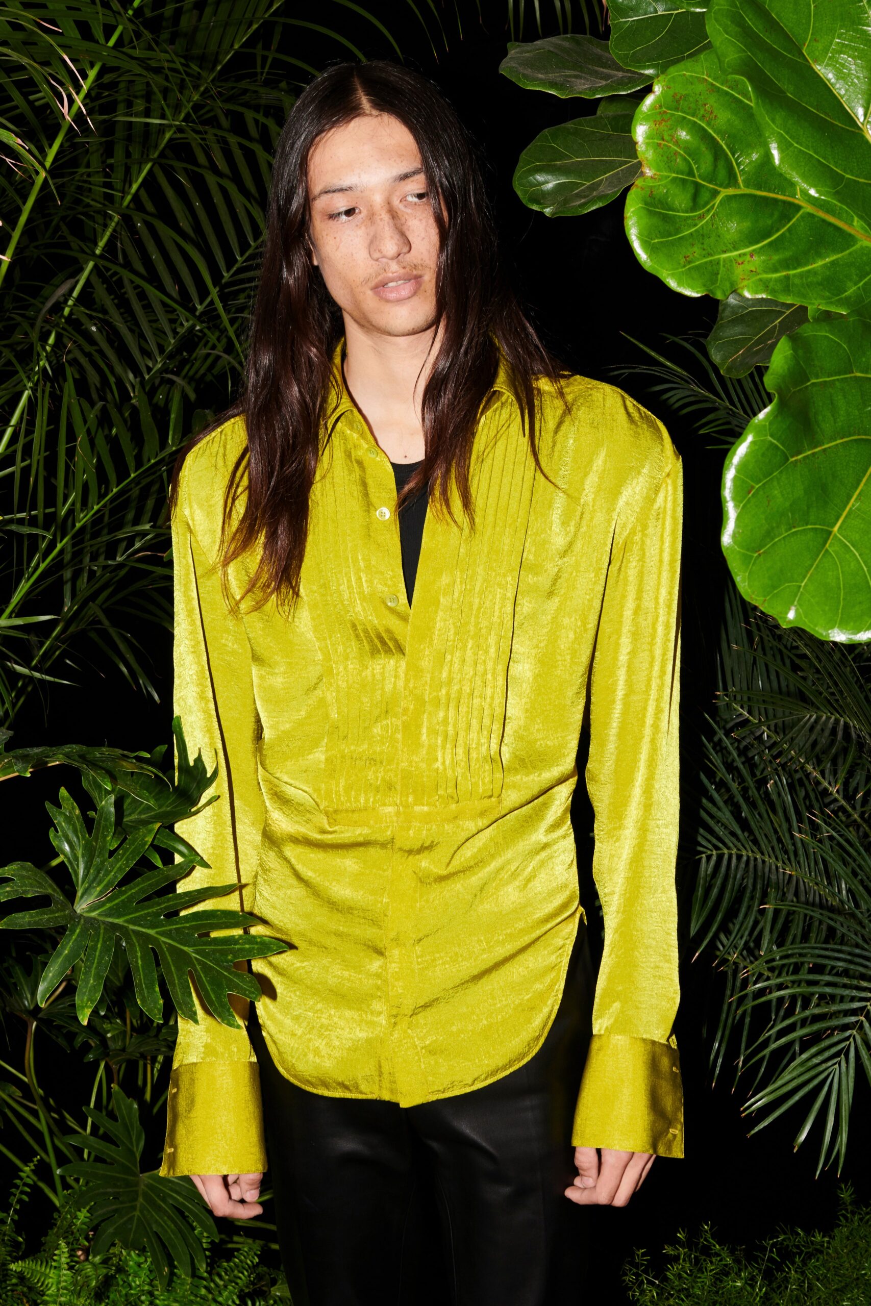 yellow silk long-sleeve collared fitted pleated shiny shirt