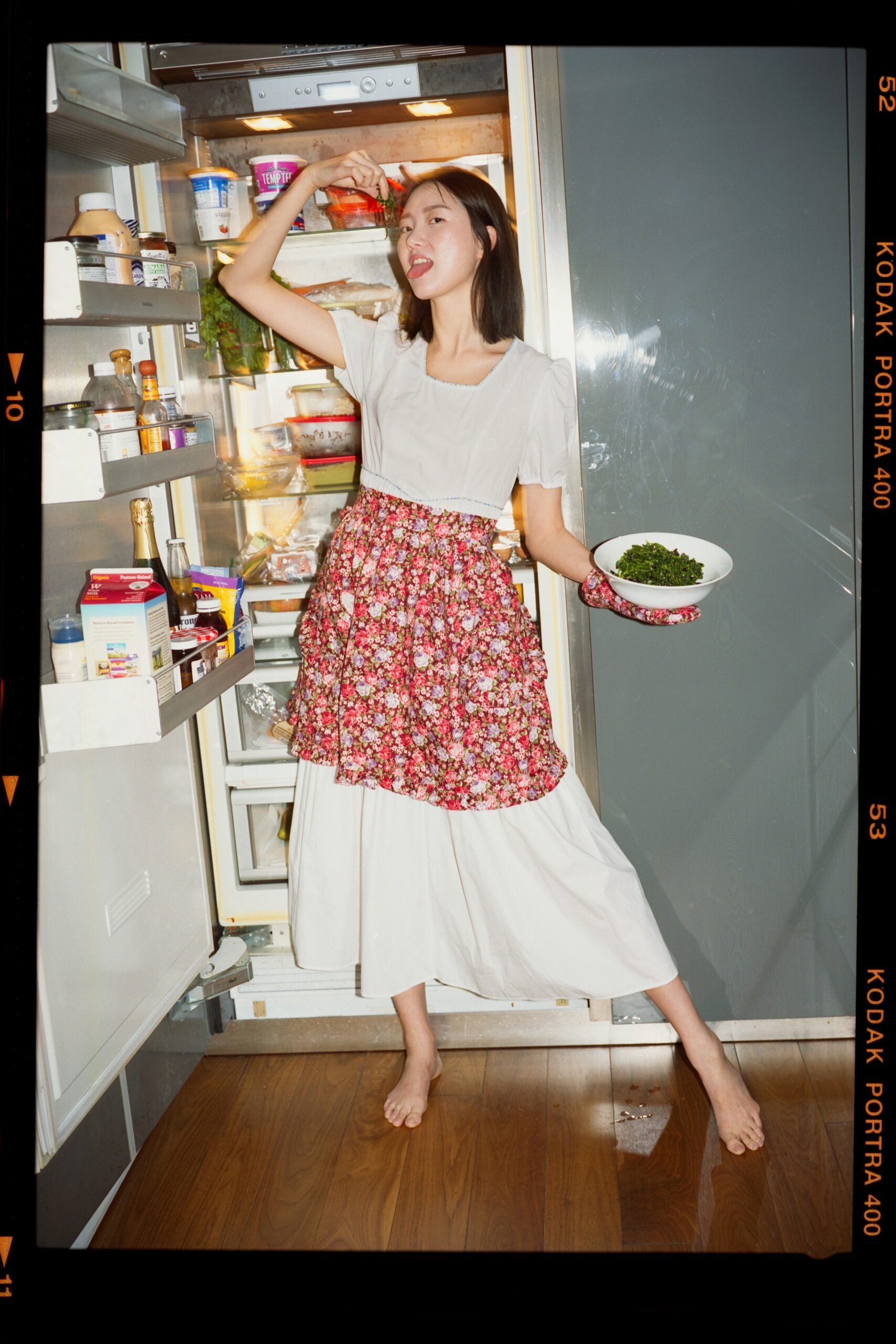 white relaxed top with floral skirt