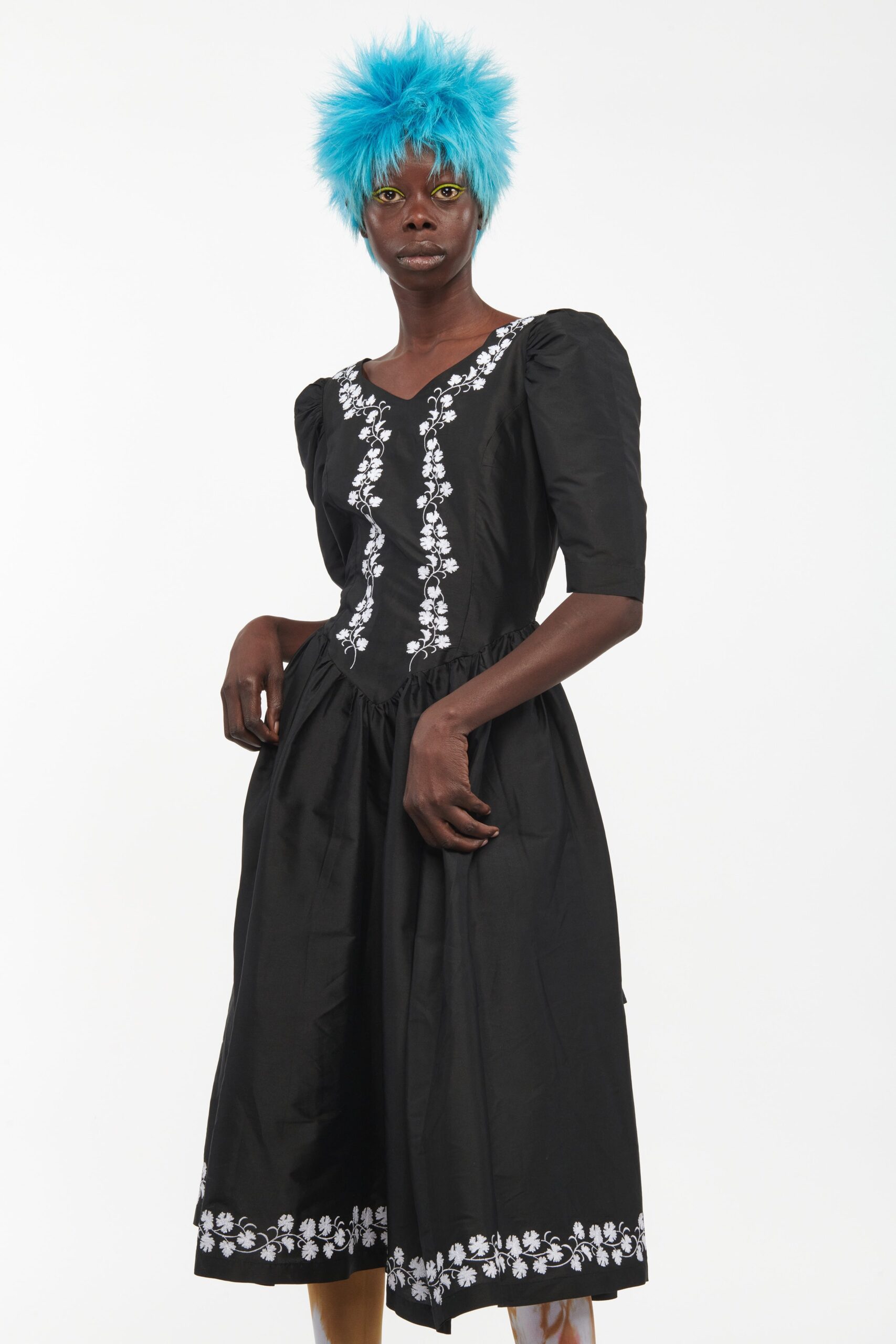 black cotton embroidered midi dress