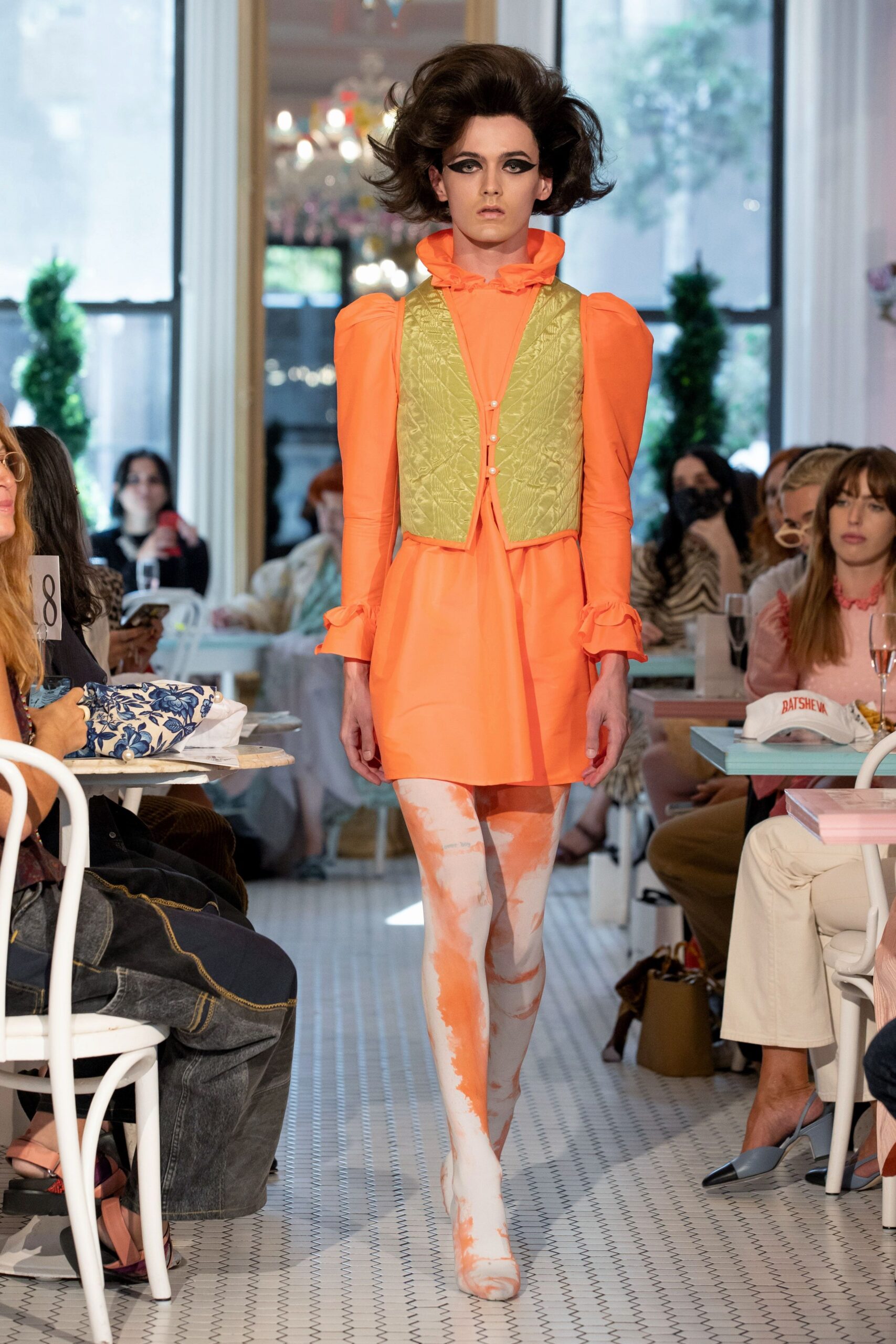 orange long-sleeve collared fitted pleated mini dress