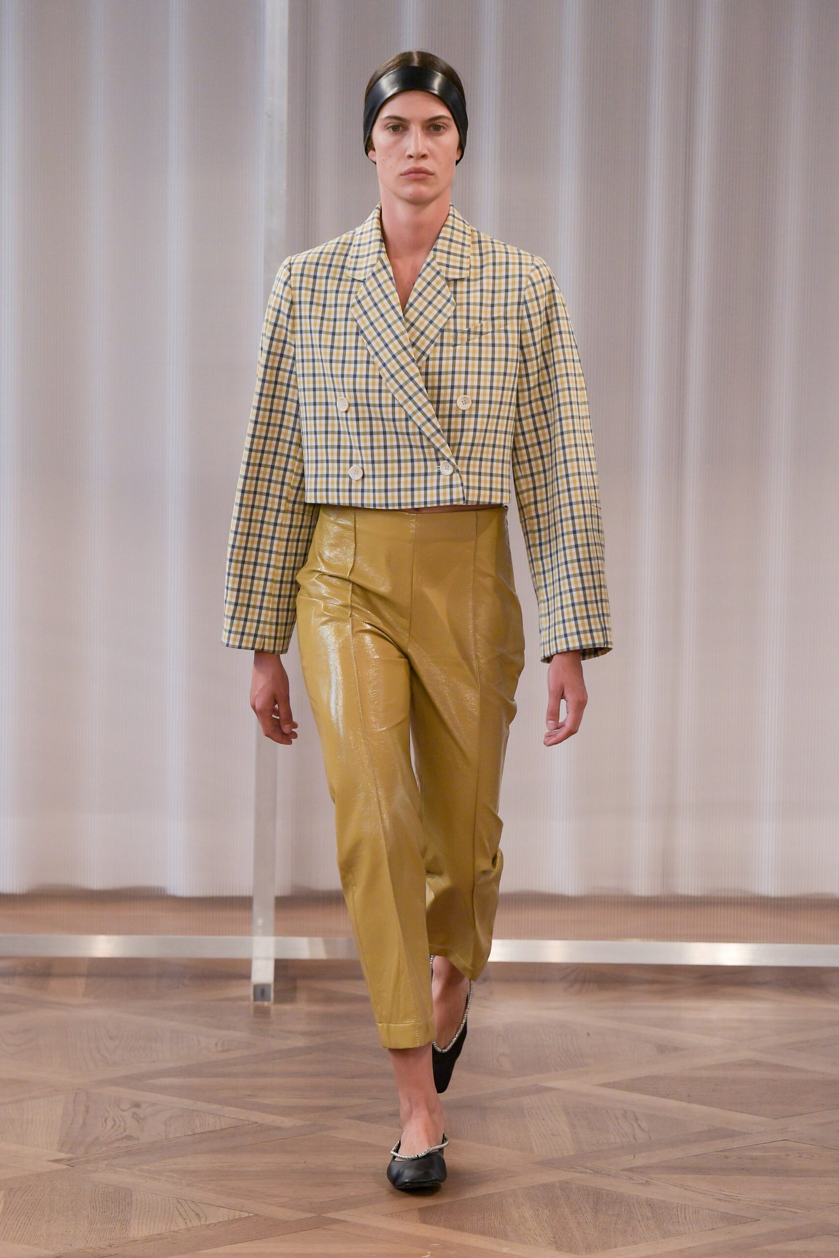 cropped checked jacket with vinyl pants