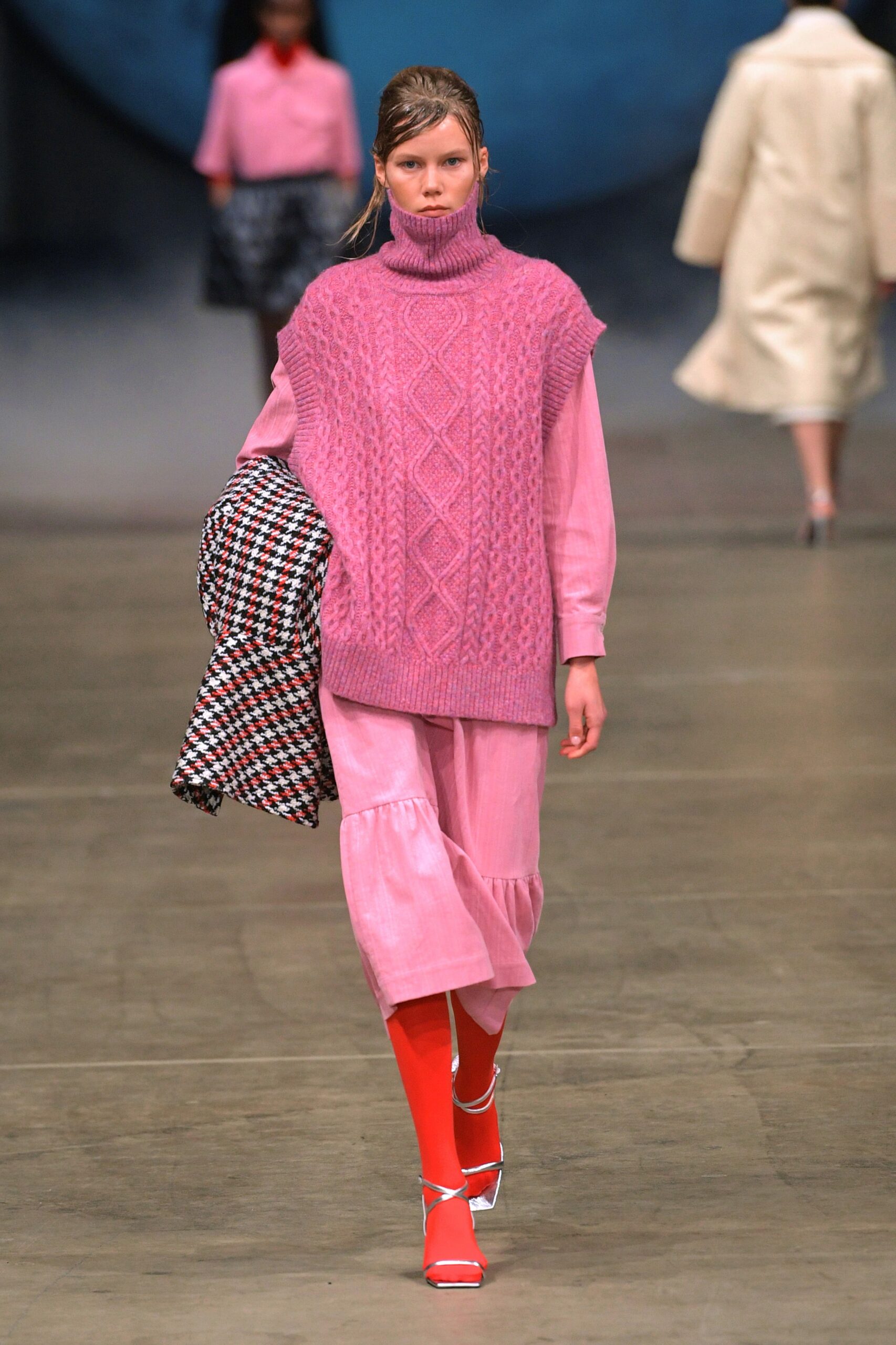 pink wool sleeveless top and midi dress