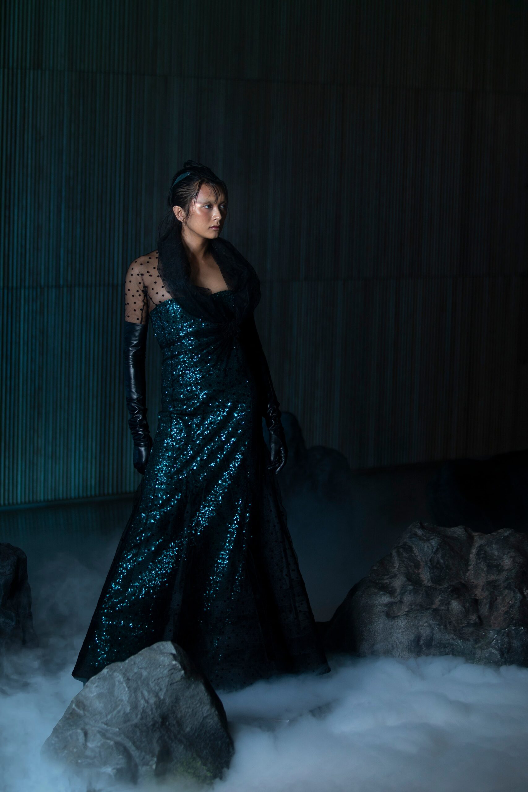 black sequin gown with gloves