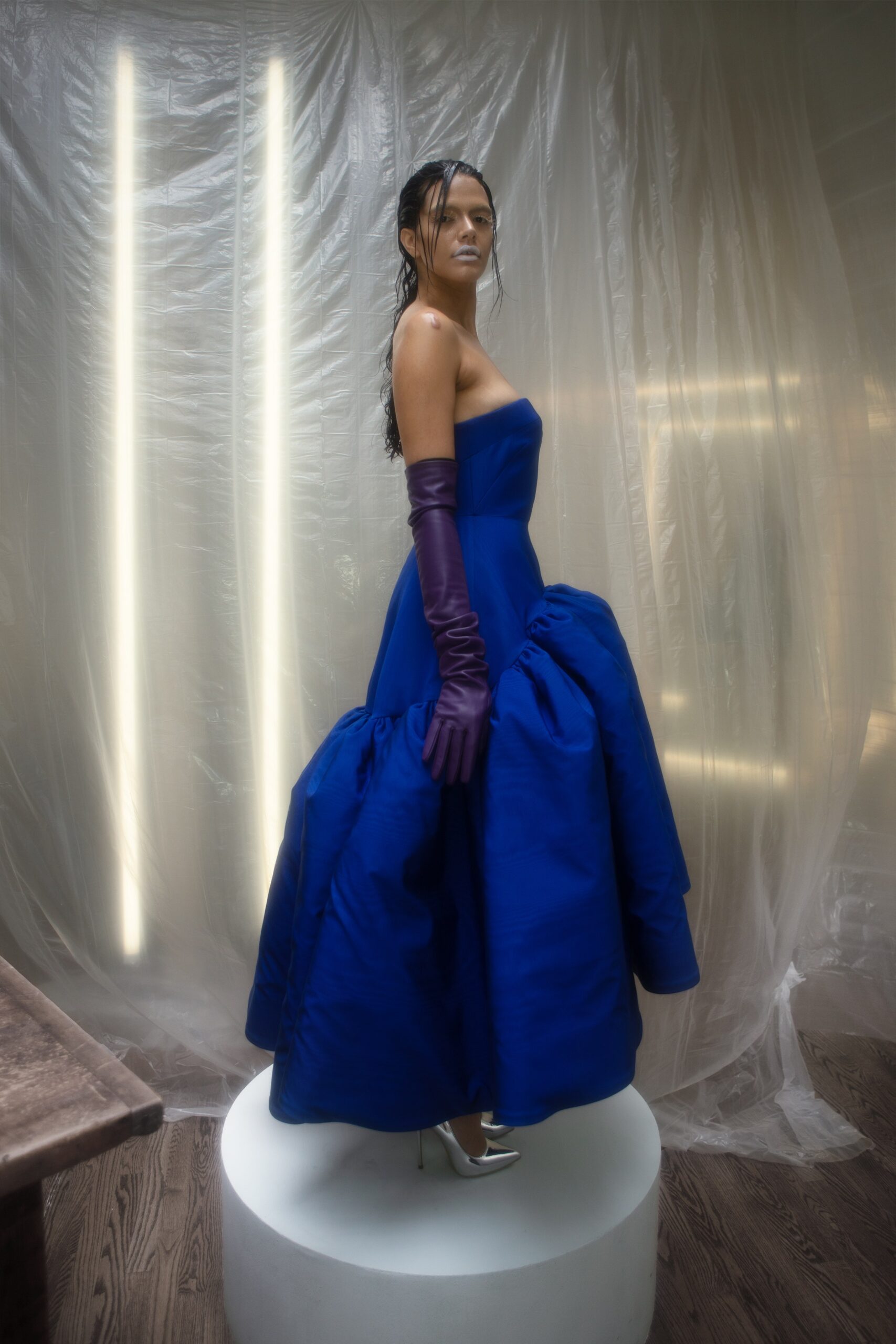 blue silk strapless tiered dress