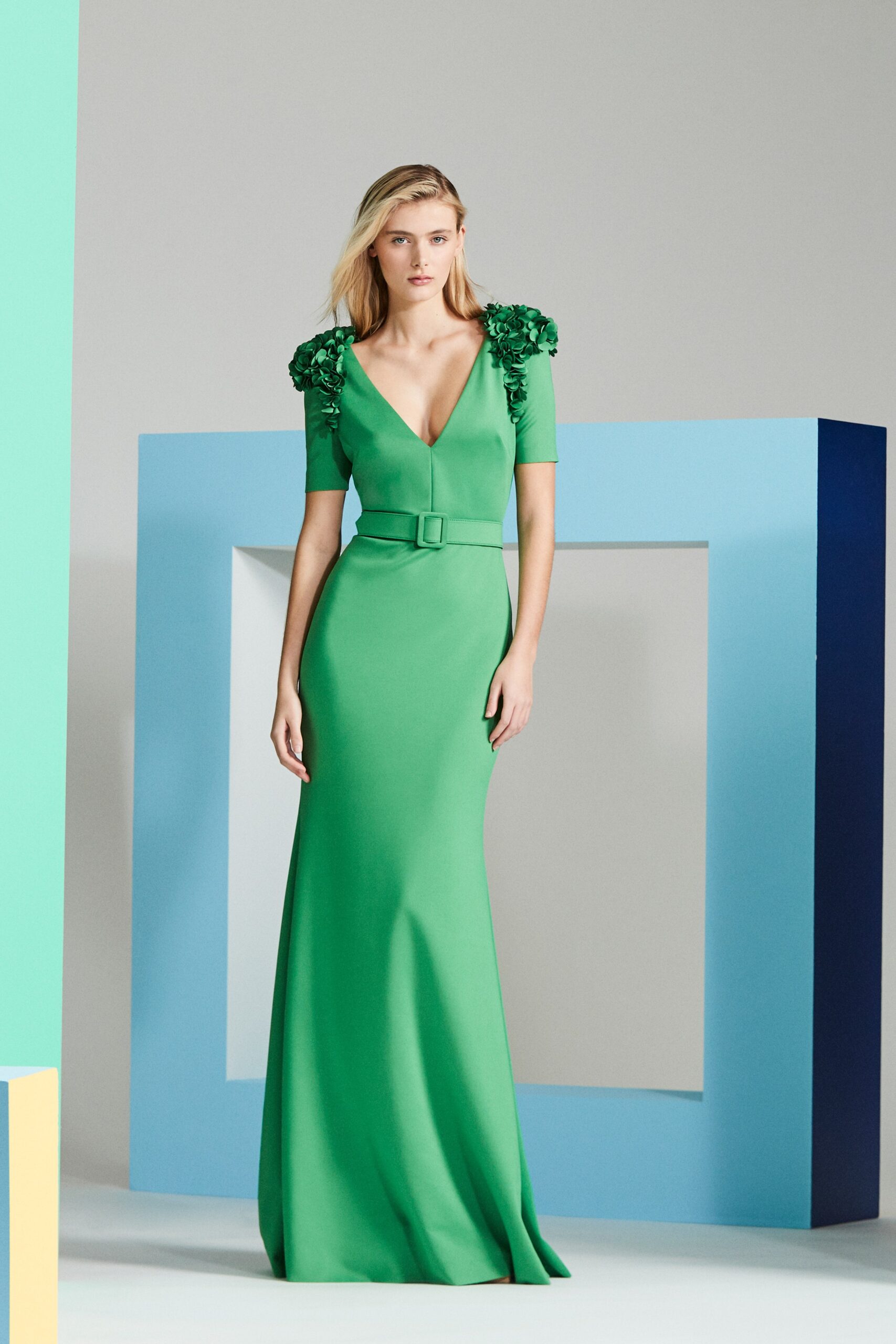 fitted green silk gown