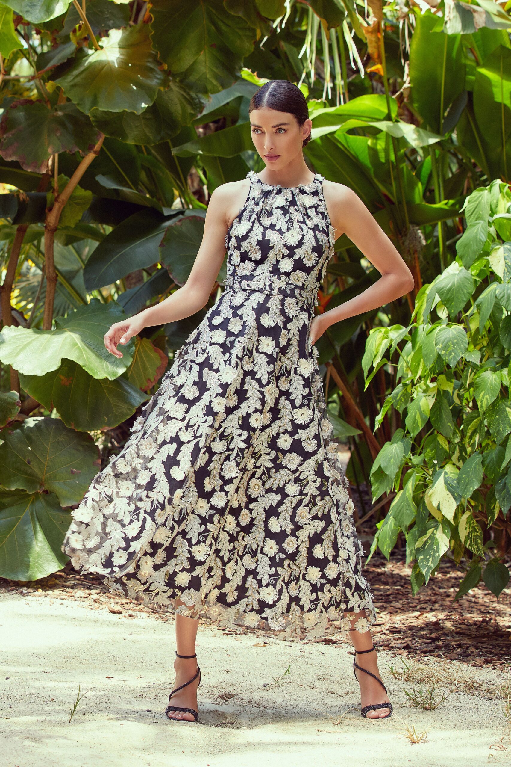 black and white floral midi dress