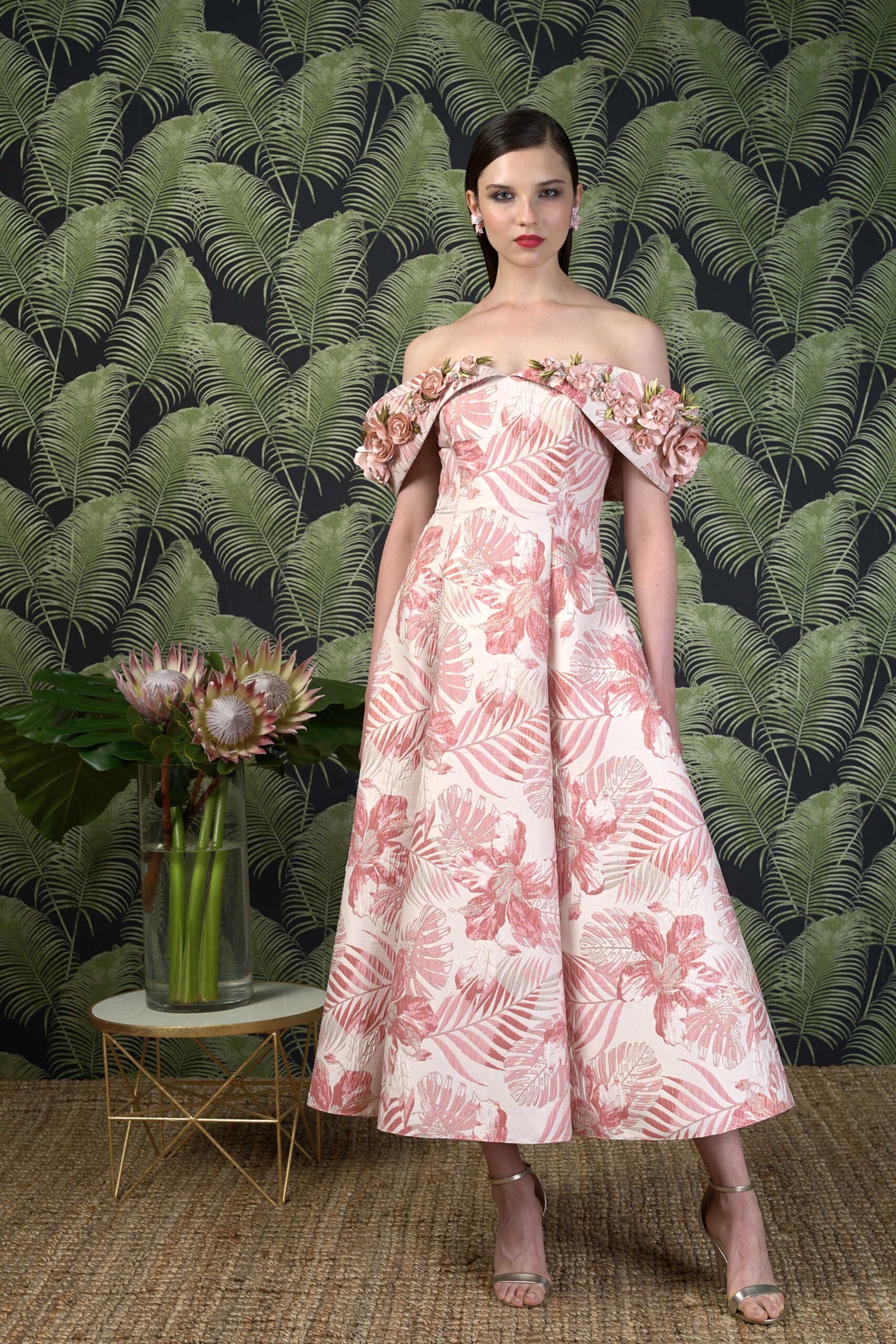 pink floral off-shoulder dress