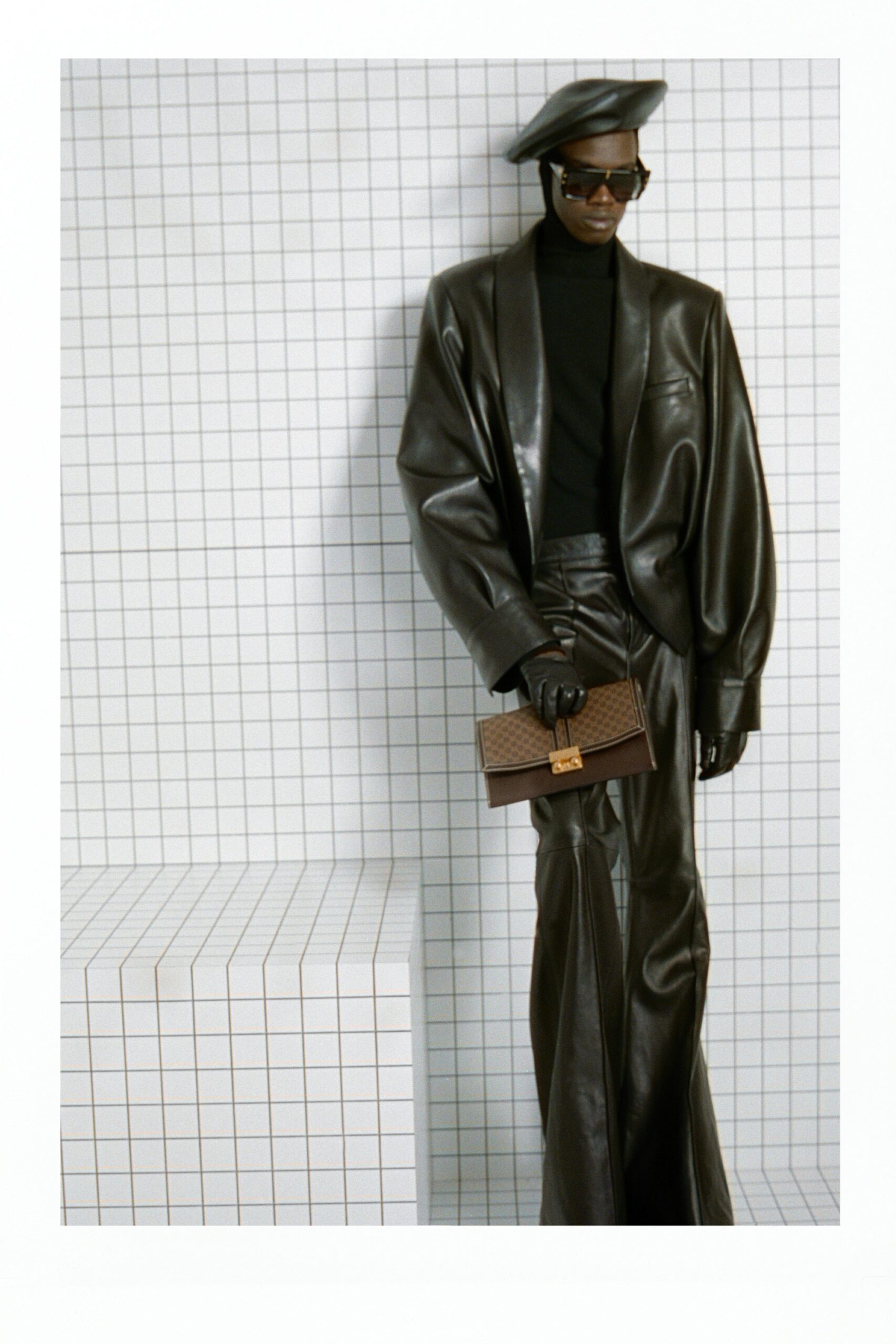 brown leather fitted high-waisted straight-leg skirt