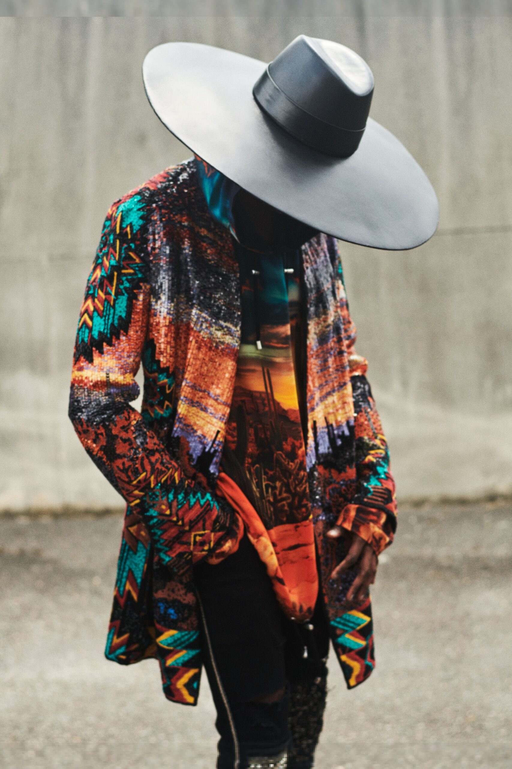 multi cotton long-sleeve relaxed layered printed coat
