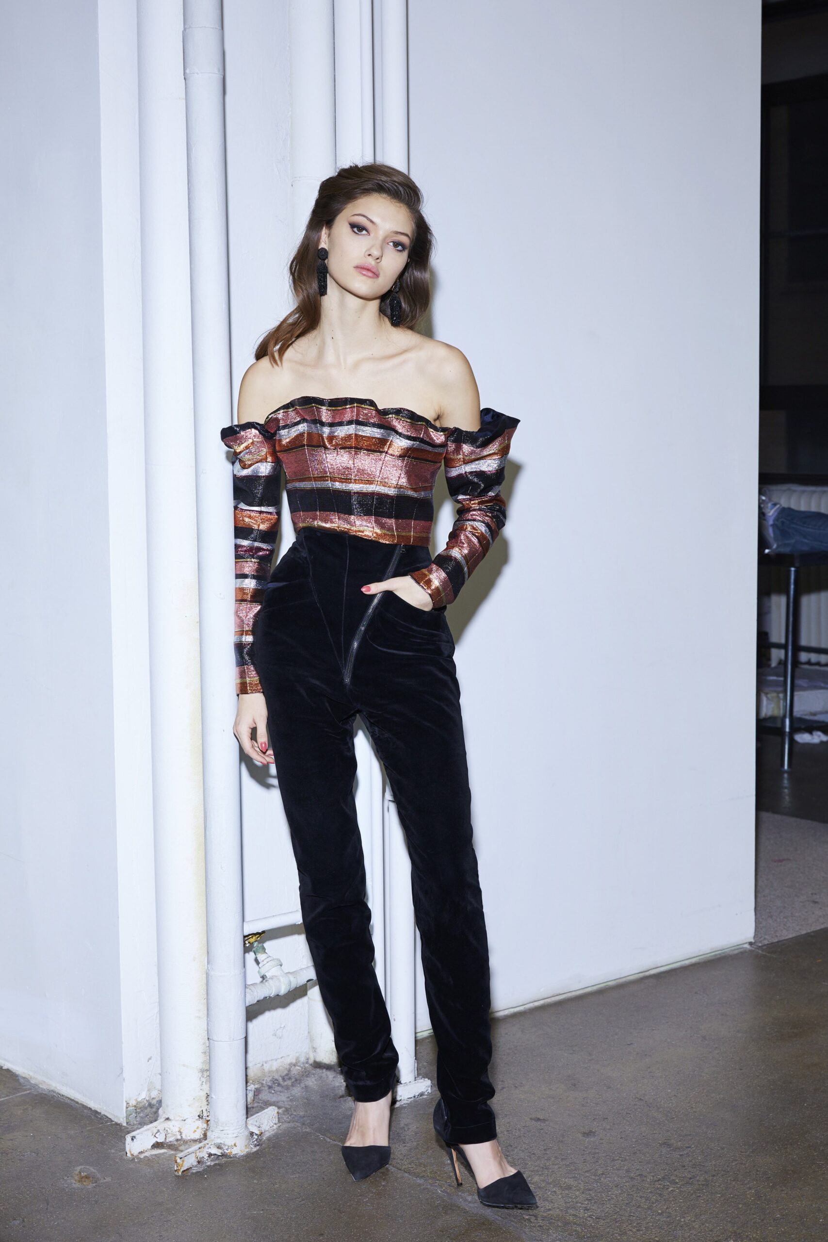 black multi-colored off-shoulder jumpsuit